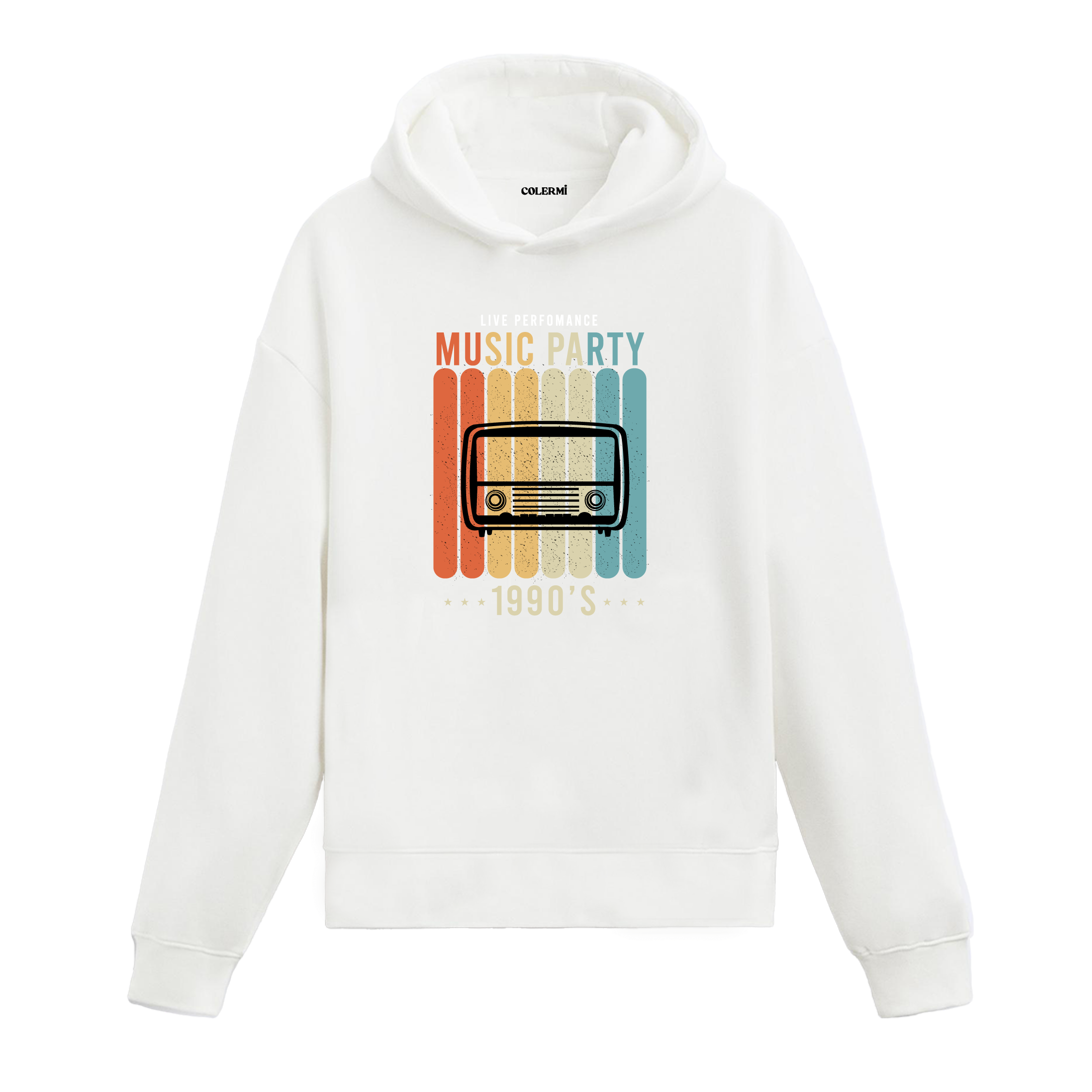 Beyaz hoodie, retro radyo baskılı Music Party 1990’s tasarım, pamuklu unisex hoodie