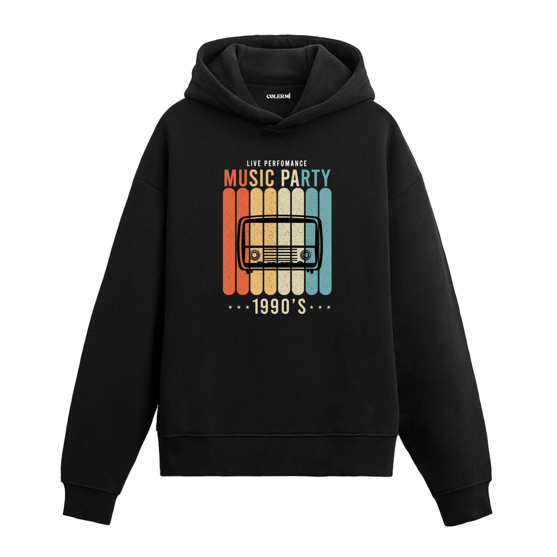 Siyah hoodie, Music Party 1990’s yazılı retro radyo baskısı, pamuklu unisex hoodie