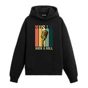 Music Rock & Roll yazılı siyah hoodie – vintage mikrofon baskılı retro müzik tasarımı
