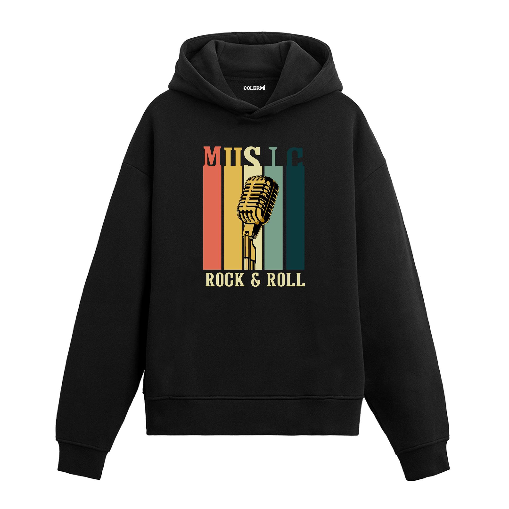 Music Rock & Roll yazılı siyah hoodie – vintage mikrofon baskılı retro müzik tasarımı