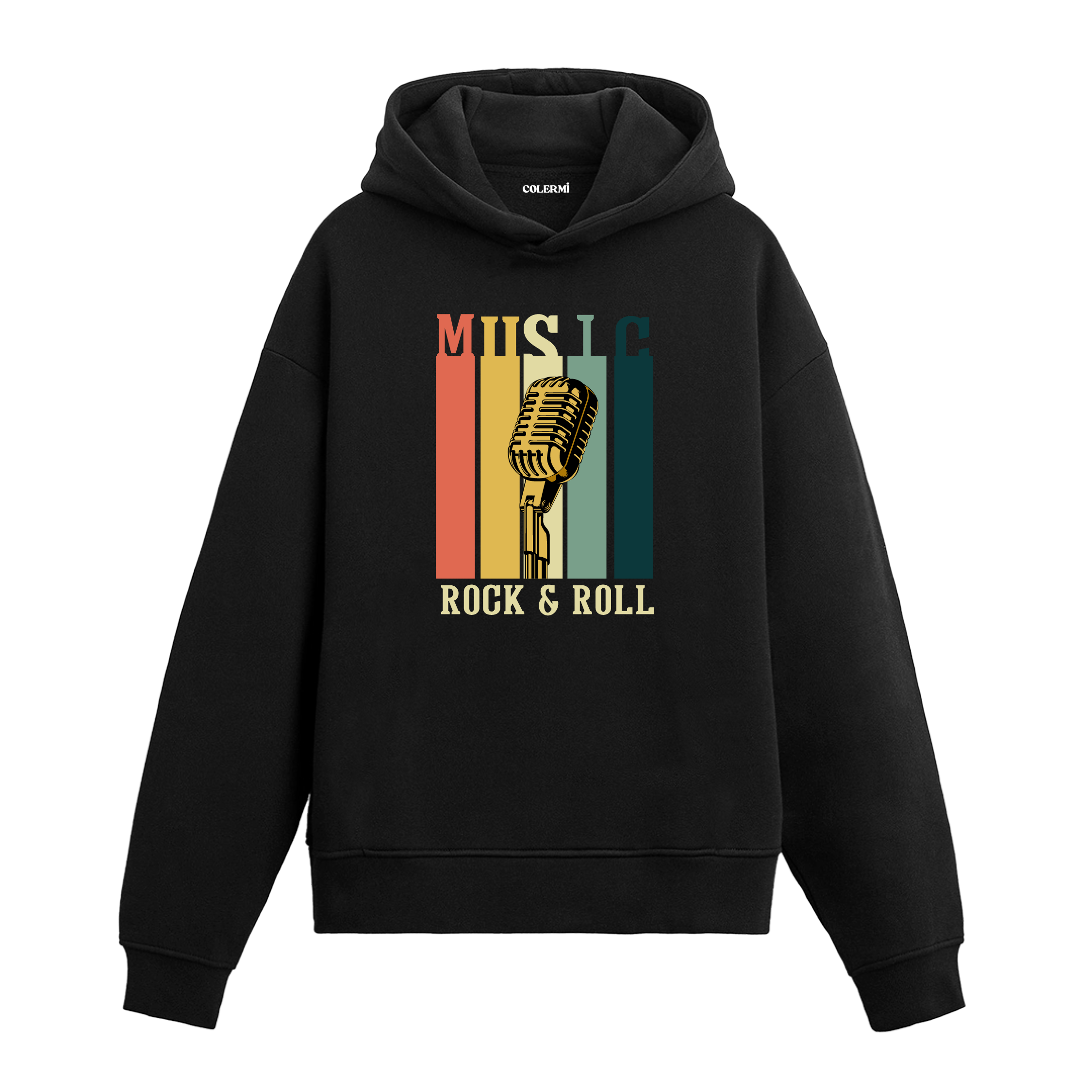Music Rock & Roll yazılı siyah hoodie – vintage mikrofon baskılı retro müzik tasarımı