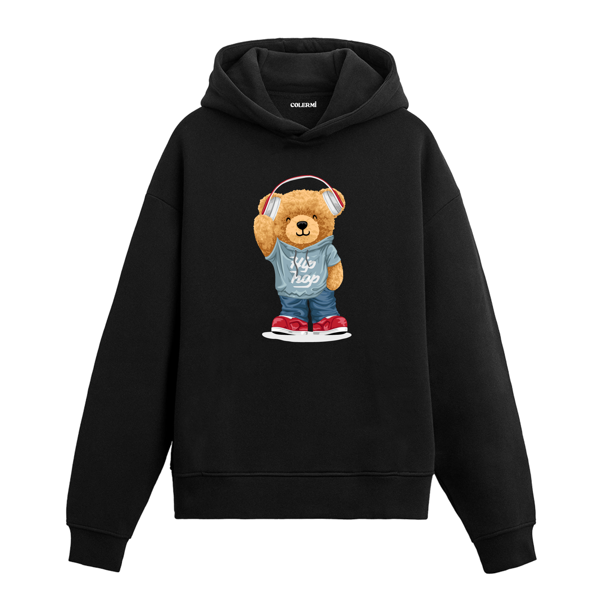 Kulaklık takmış, müzik dinleyen sevimli ayıcık baskılı hoodie tasarımı.