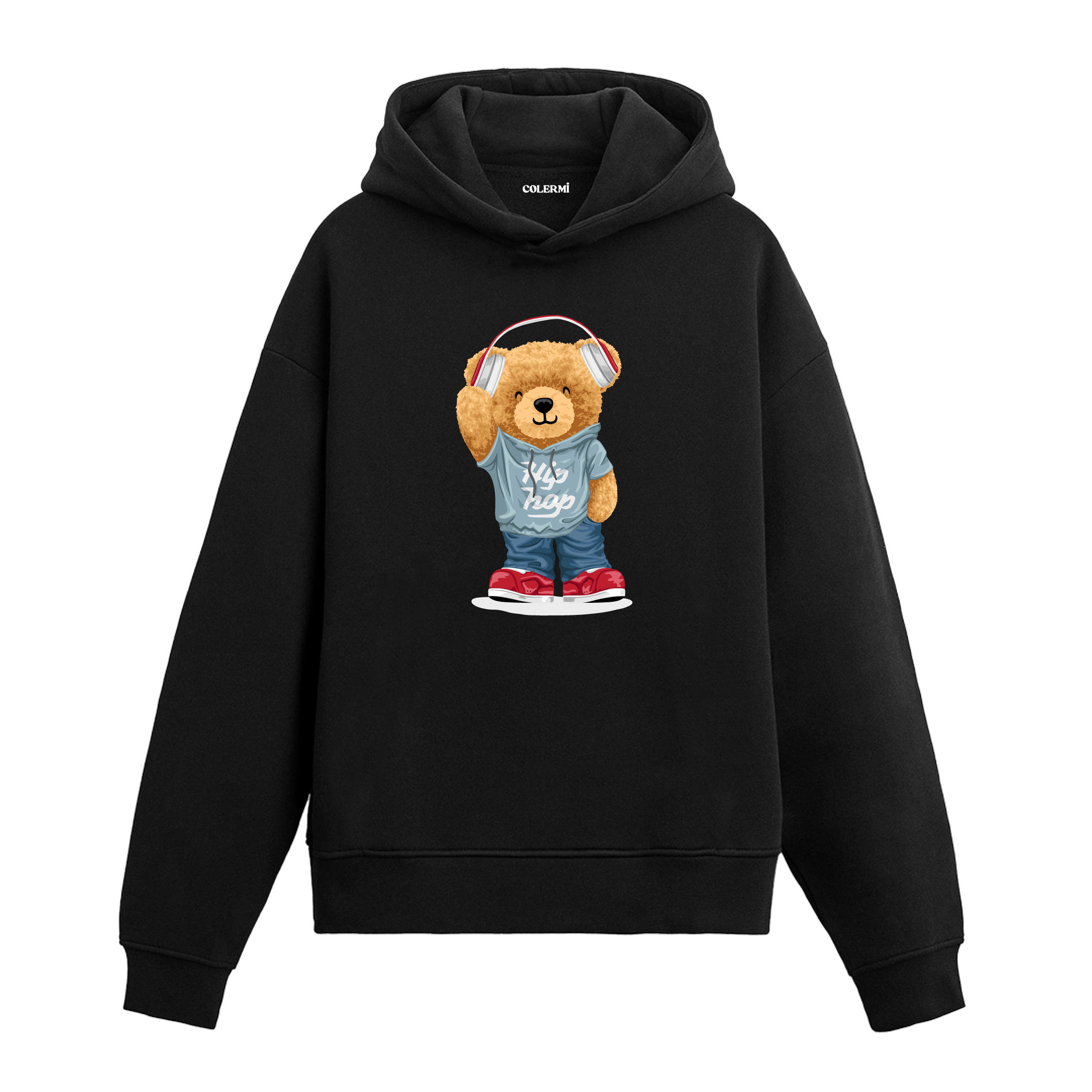 Kulaklık takmış, müzik dinleyen sevimli ayıcık baskılı hoodie tasarımı.