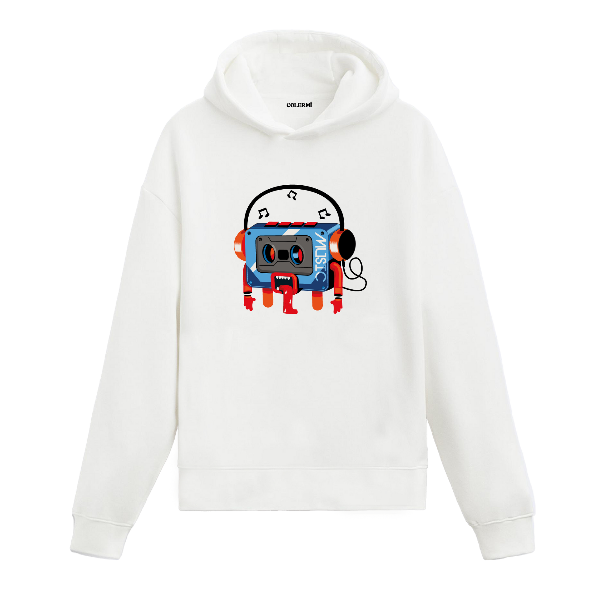 Kulaklıklı müzik kaseti canavarı baskılı hoodie – retro ve enerjik tasarım