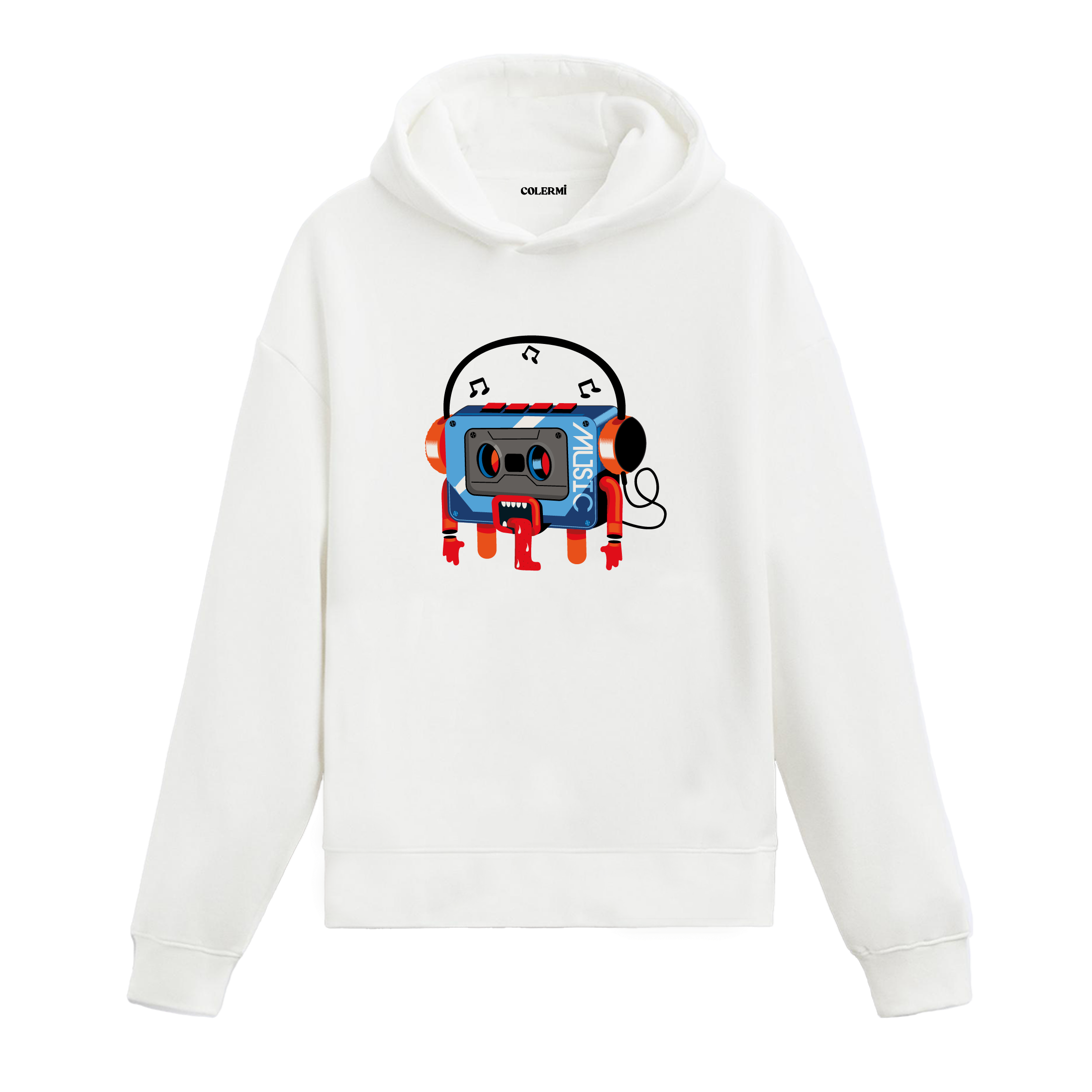 Kulaklıklı müzik kaseti canavarı baskılı hoodie – retro ve enerjik tasarım
