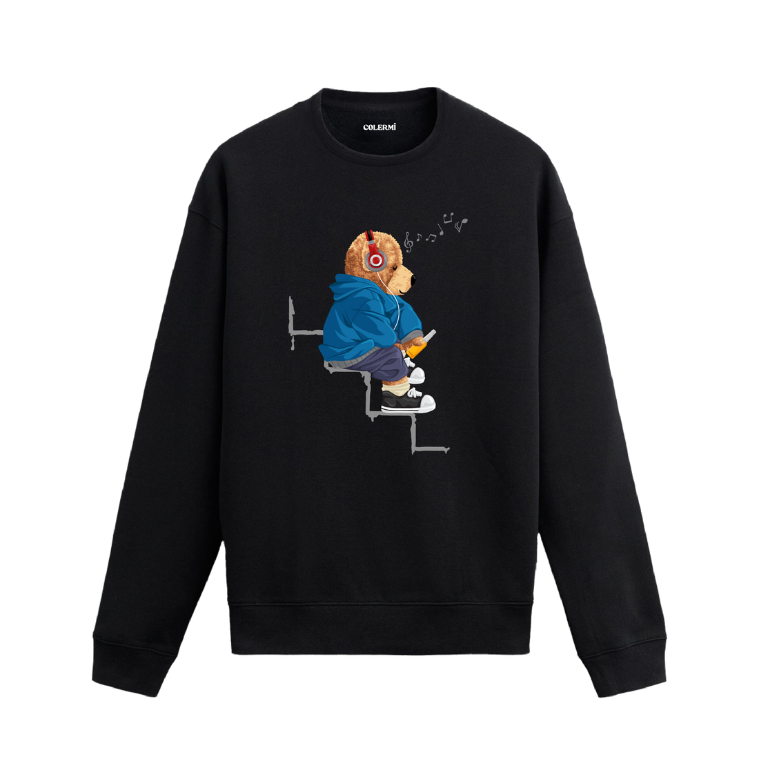 Ayıcık Baskılı Sweatshirt - Müzik Dinleyen Tasarım