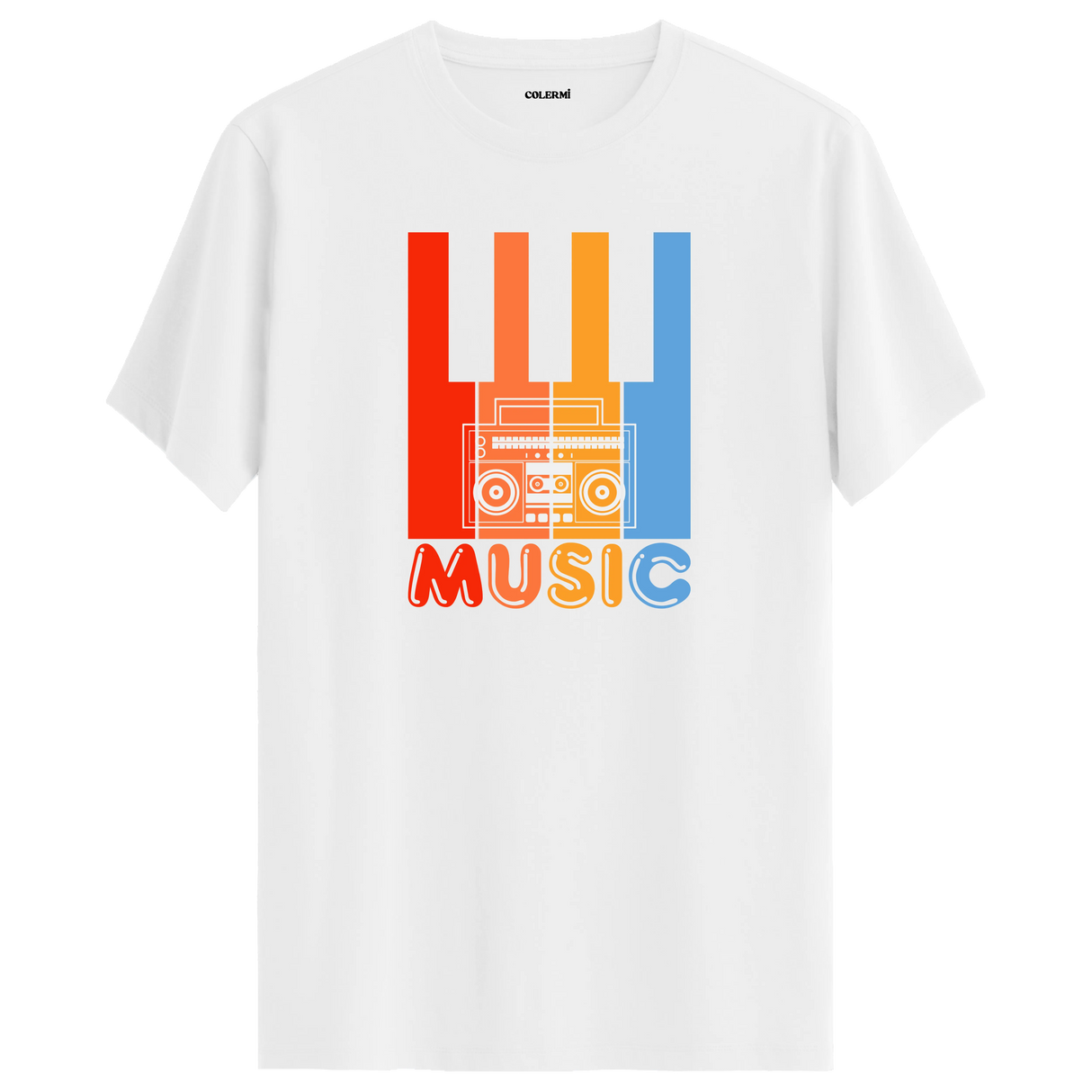 Piyano tuşları, kaset çalar ve “MUSIC” yazılı tişört, enerjik tasarımıyla müzik tutkusunu yansıtan modern bir modeldir.