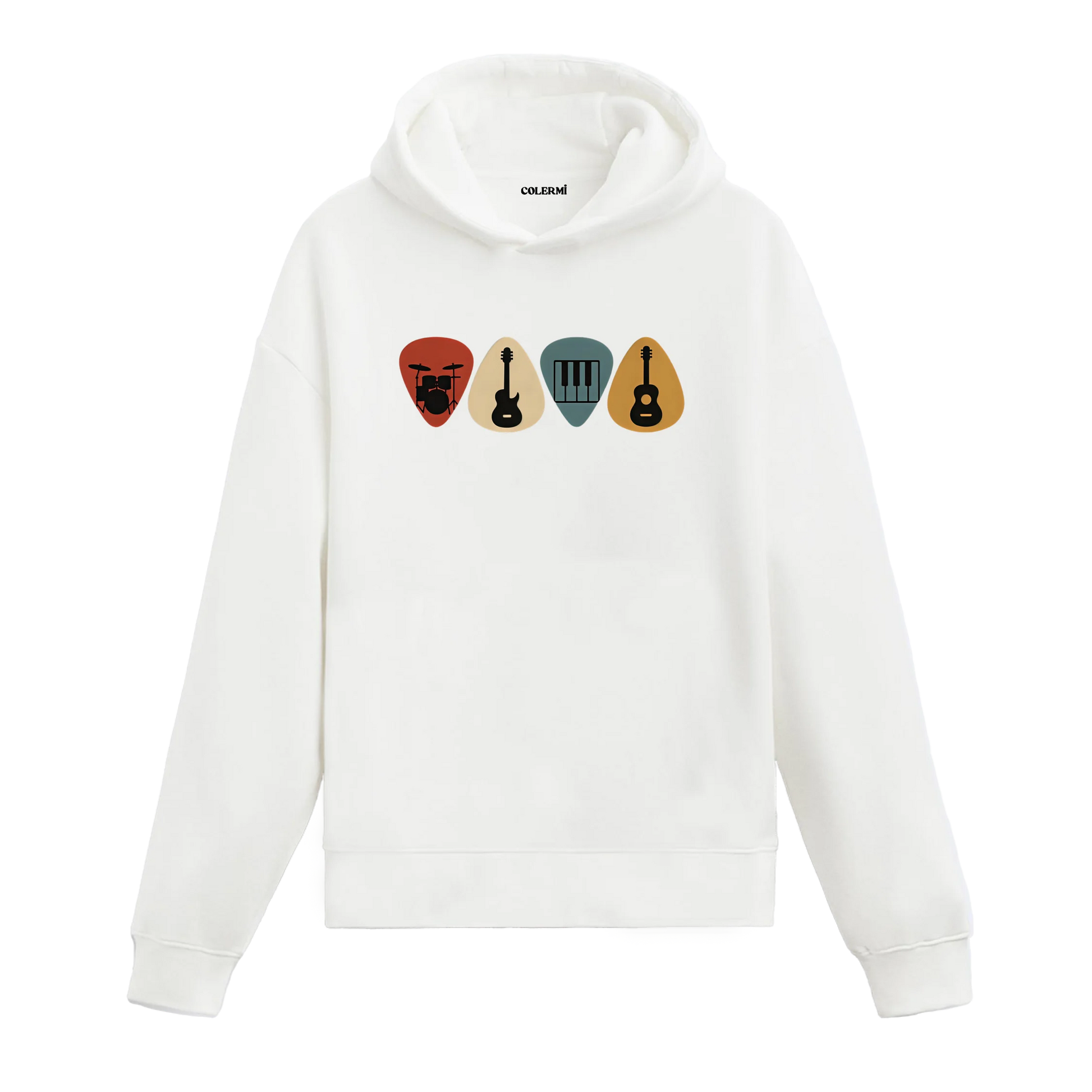 Müzik temalı enstrüman tasarımlı kapüşonlu sweatshirt