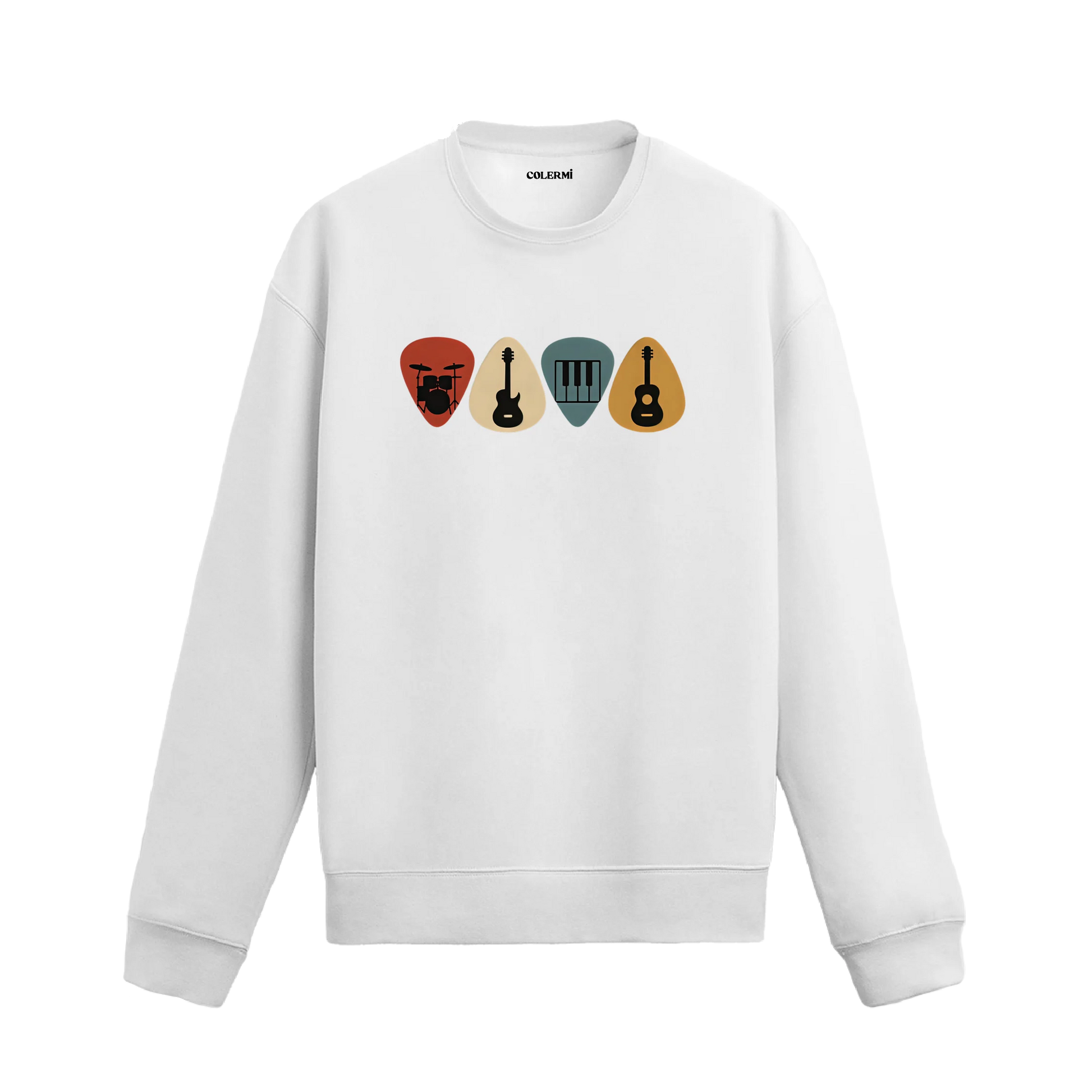 Müzik temalı enstrüman tasarımlı beyaz sweatshirt