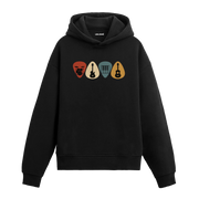 Müzik temalı enstrüman tasarımlı kapüşonlu siyah sweatshirt