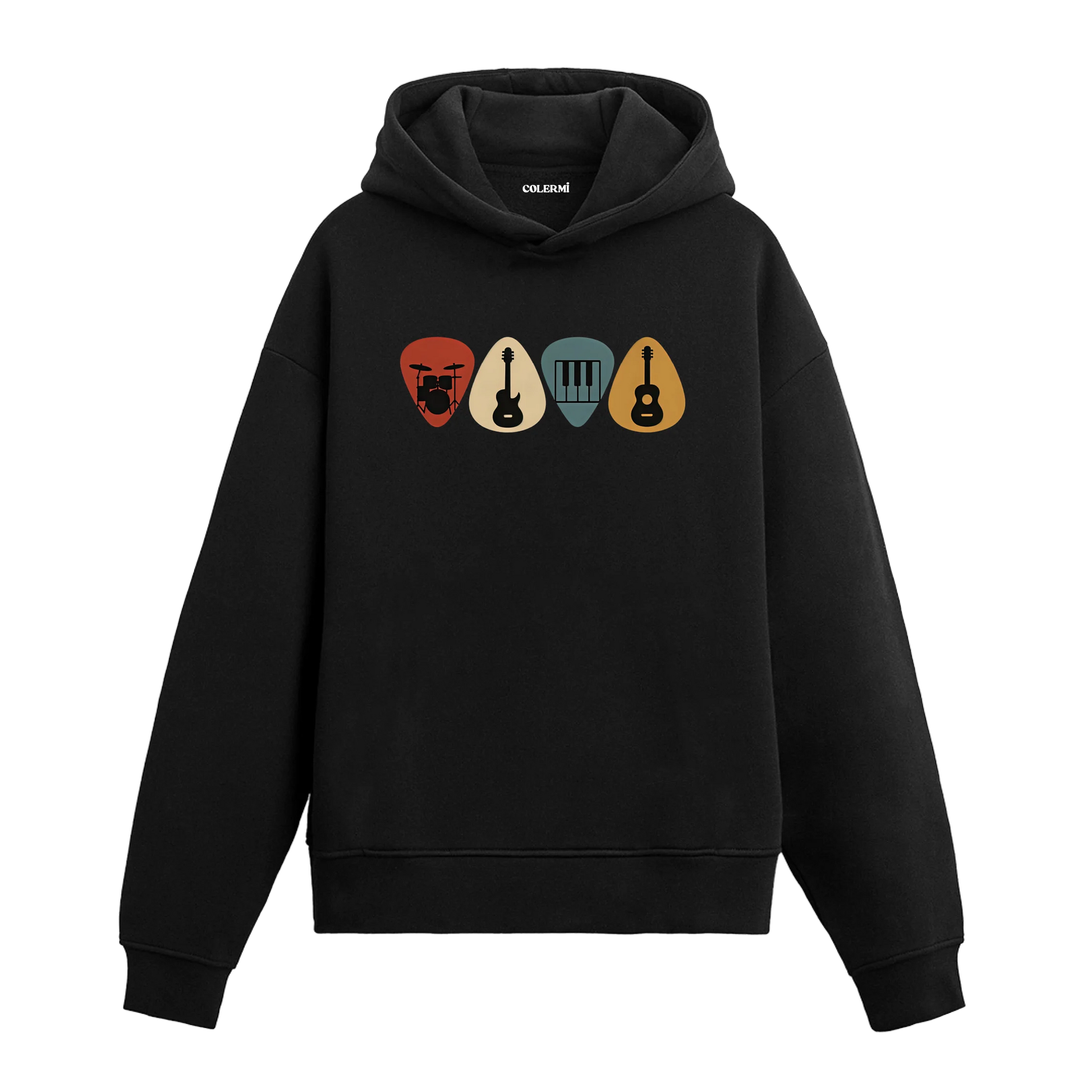 Müzik temalı enstrüman tasarımlı kapüşonlu siyah sweatshirt