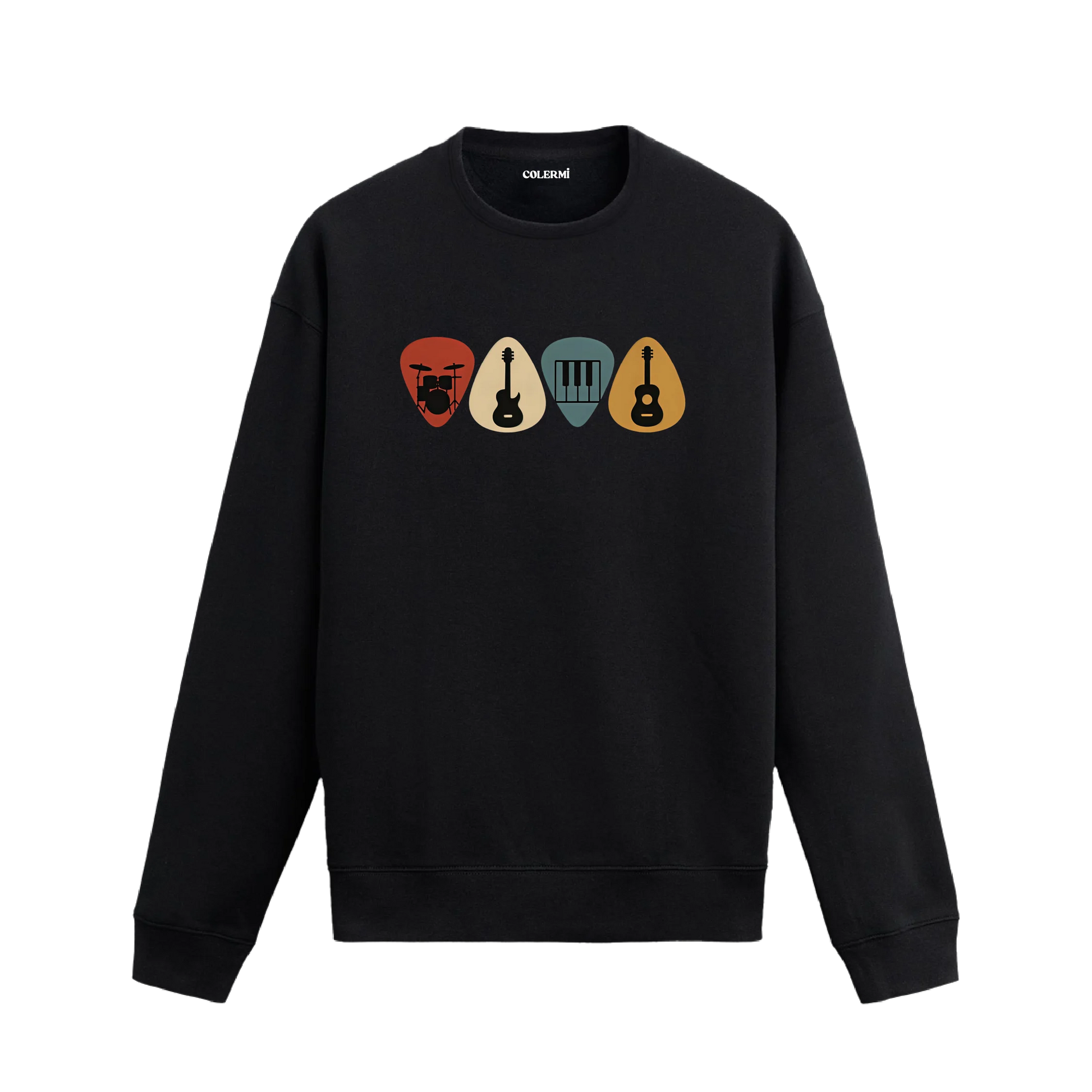 Müzik temalı enstrüman tasarımlı siyah sweatshirt