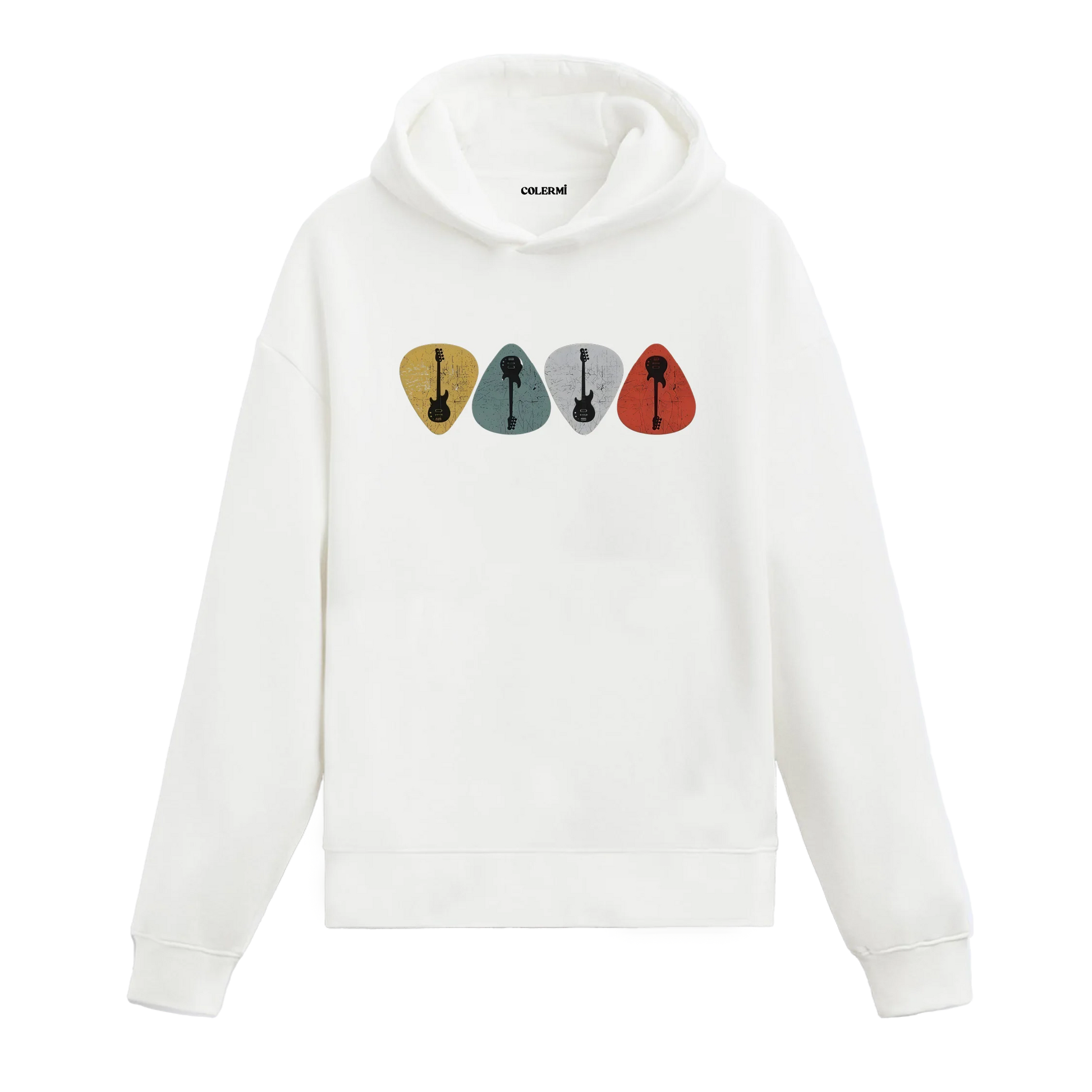 Müzik temalı gitar pena tasarımlı kapüşonlu sweatshirt yakın baskı detayı