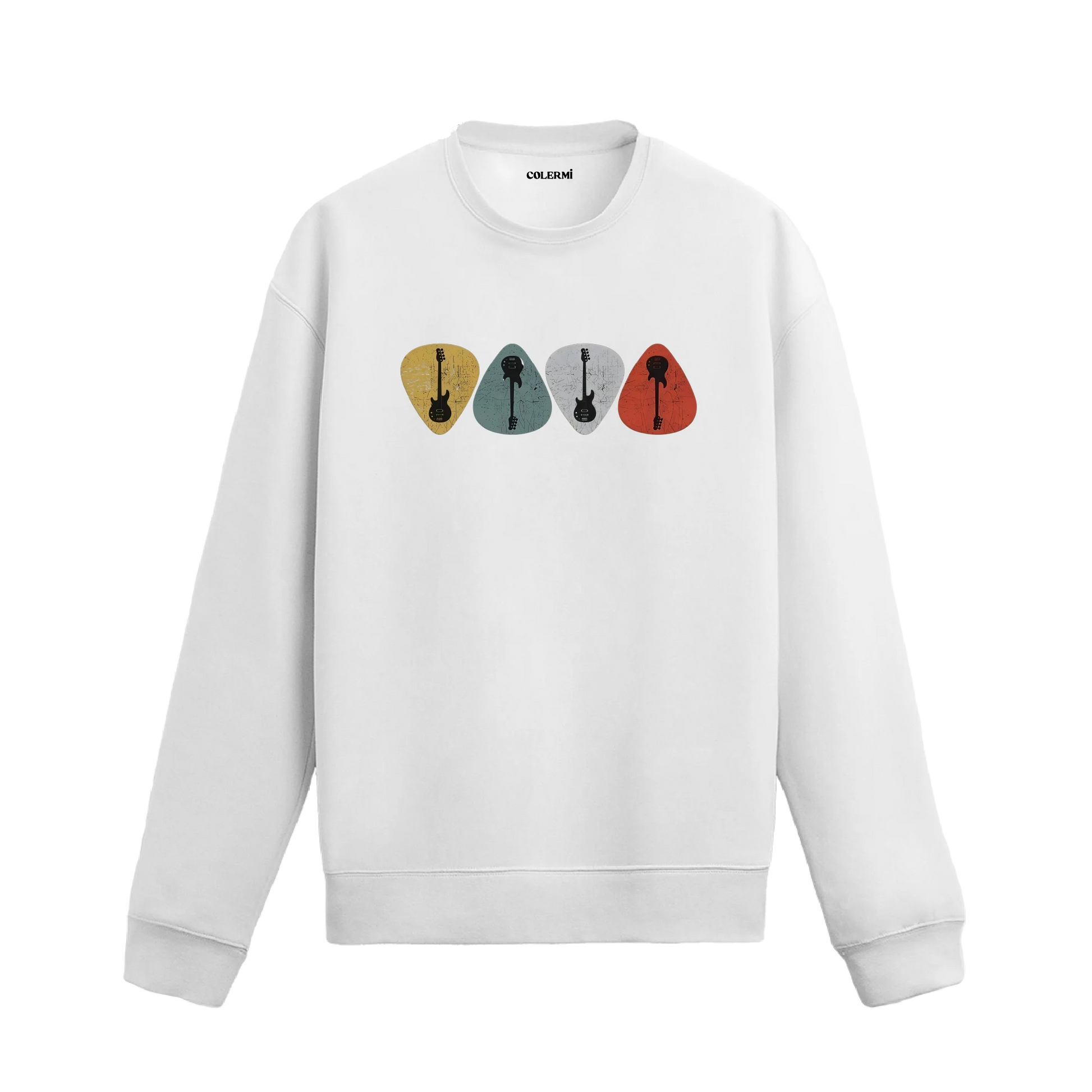 Müzik temalı gitar pena tasarımlı beyaz sweatshirt ön görünüm