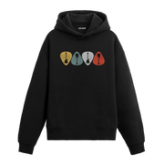 Müzik temalı gitar pena tasarımlı kapüşonlu sweatshirt ön görünüm