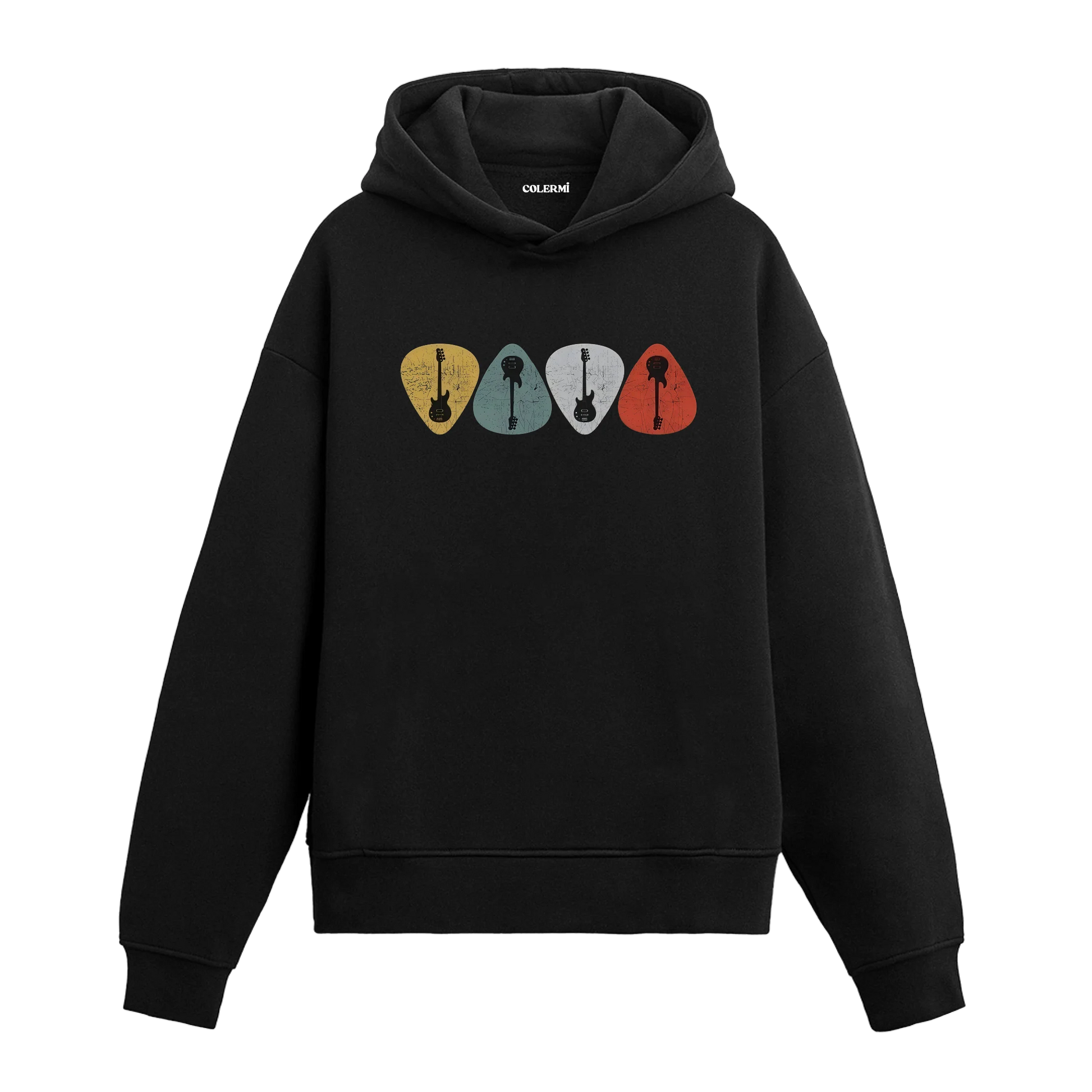 Müzik temalı gitar pena tasarımlı kapüşonlu sweatshirt ön görünüm