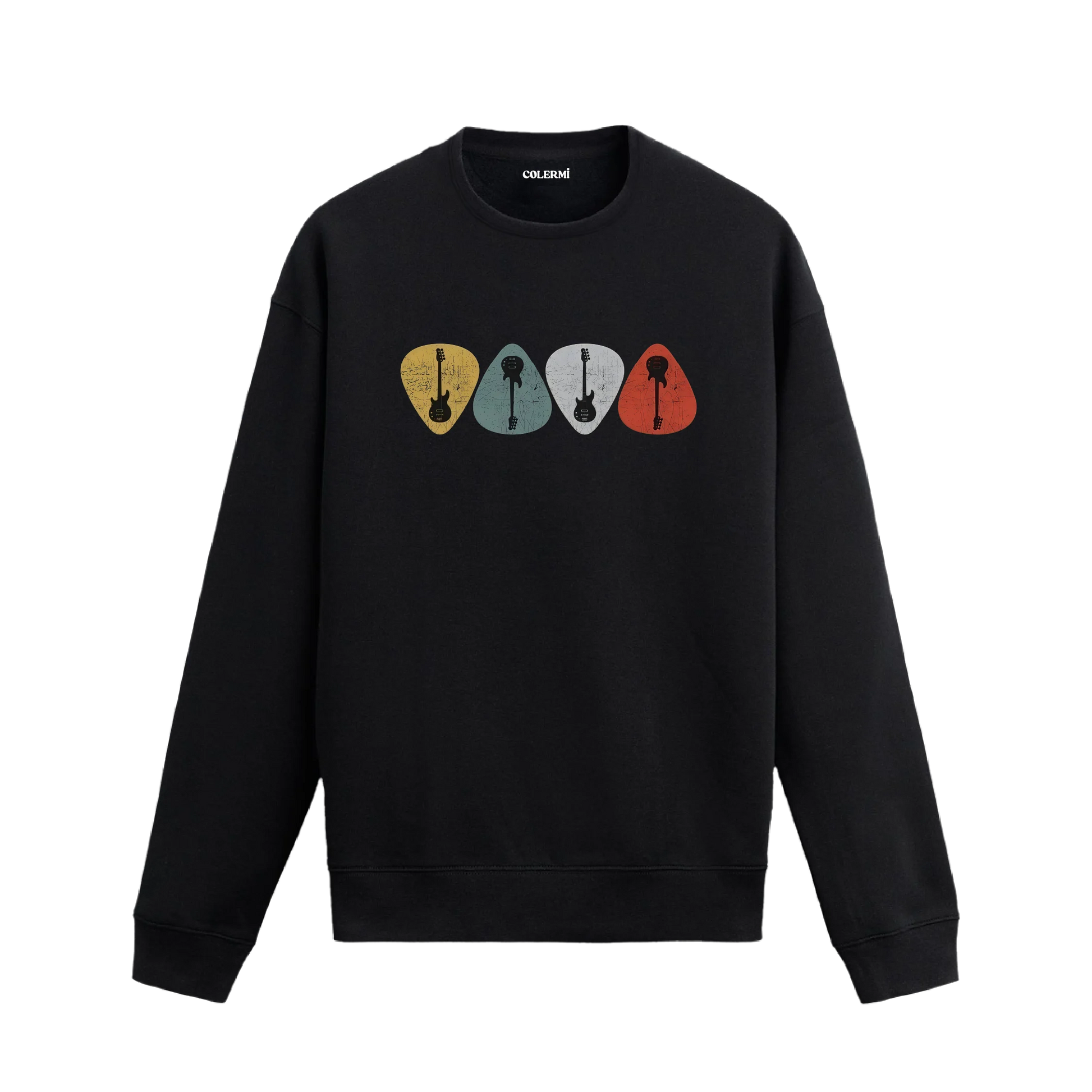 Müzik temalı gitar pena tasarımlı sweatshirt ön görünüm