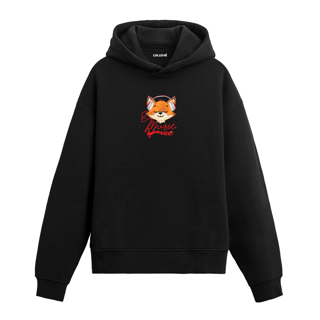 Kulaklık takmış tilki baskılı hoodie – müzik temalı sevimli tasarım