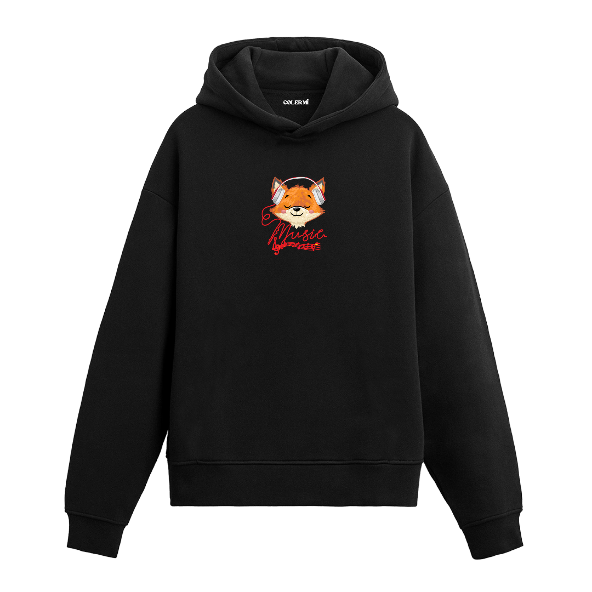 Kulaklık takmış tilki baskılı hoodie – müzik temalı sevimli tasarım