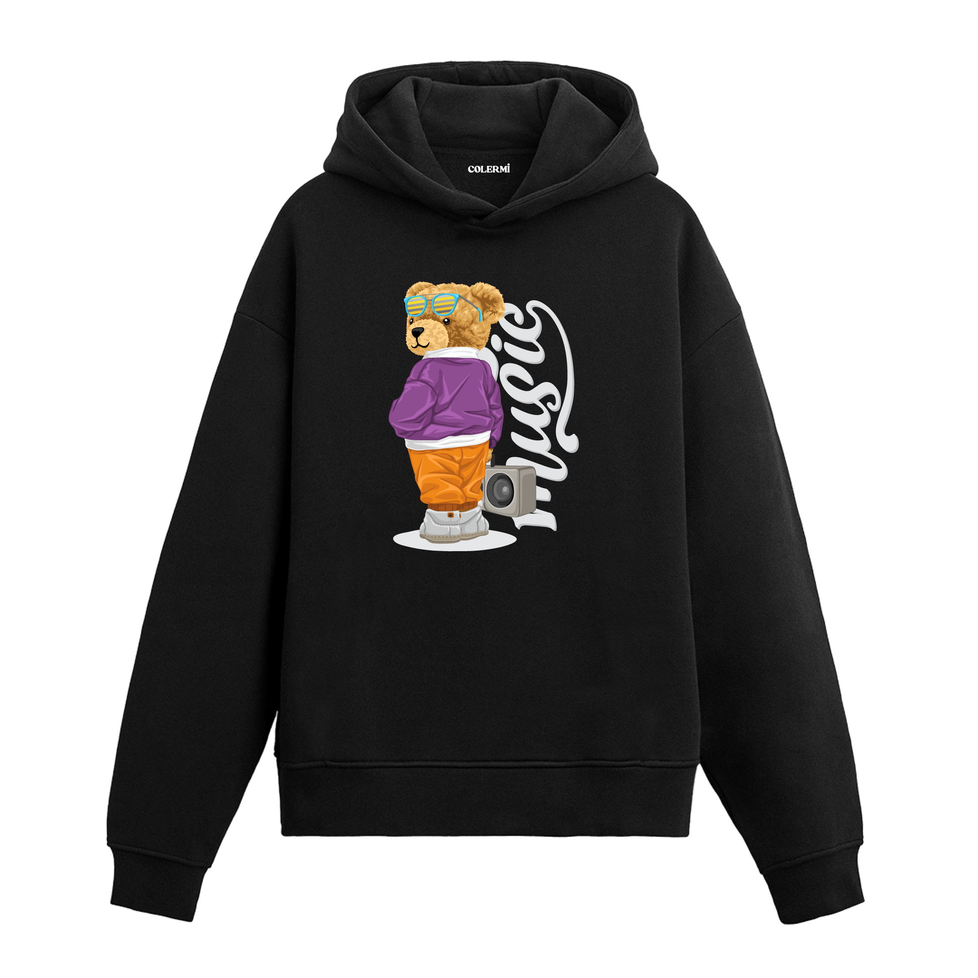 Renkli giysiler giymiş, kulaklık ve müzik çalarla poz veren müzik tutkunu ayıcık baskılı hoodie tasarımı.