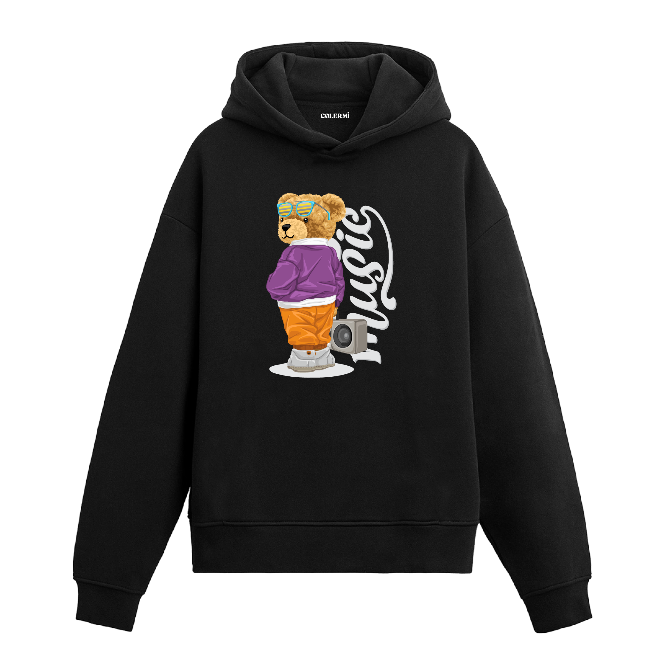 Renkli giysiler giymiş, kulaklık ve müzik çalarla poz veren müzik tutkunu ayıcık baskılı hoodie tasarımı.