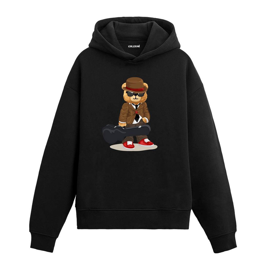 Gitar kutusu taşıyan, şapka ve güneş gözlüğü takmış müzisyen ayıcık baskılı hoodie tasarımı.