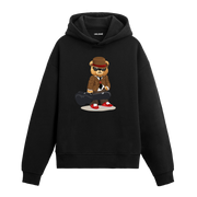 Gitar kutusu taşıyan, şapka ve güneş gözlüğü takmış müzisyen ayıcık baskılı hoodie tasarımı.