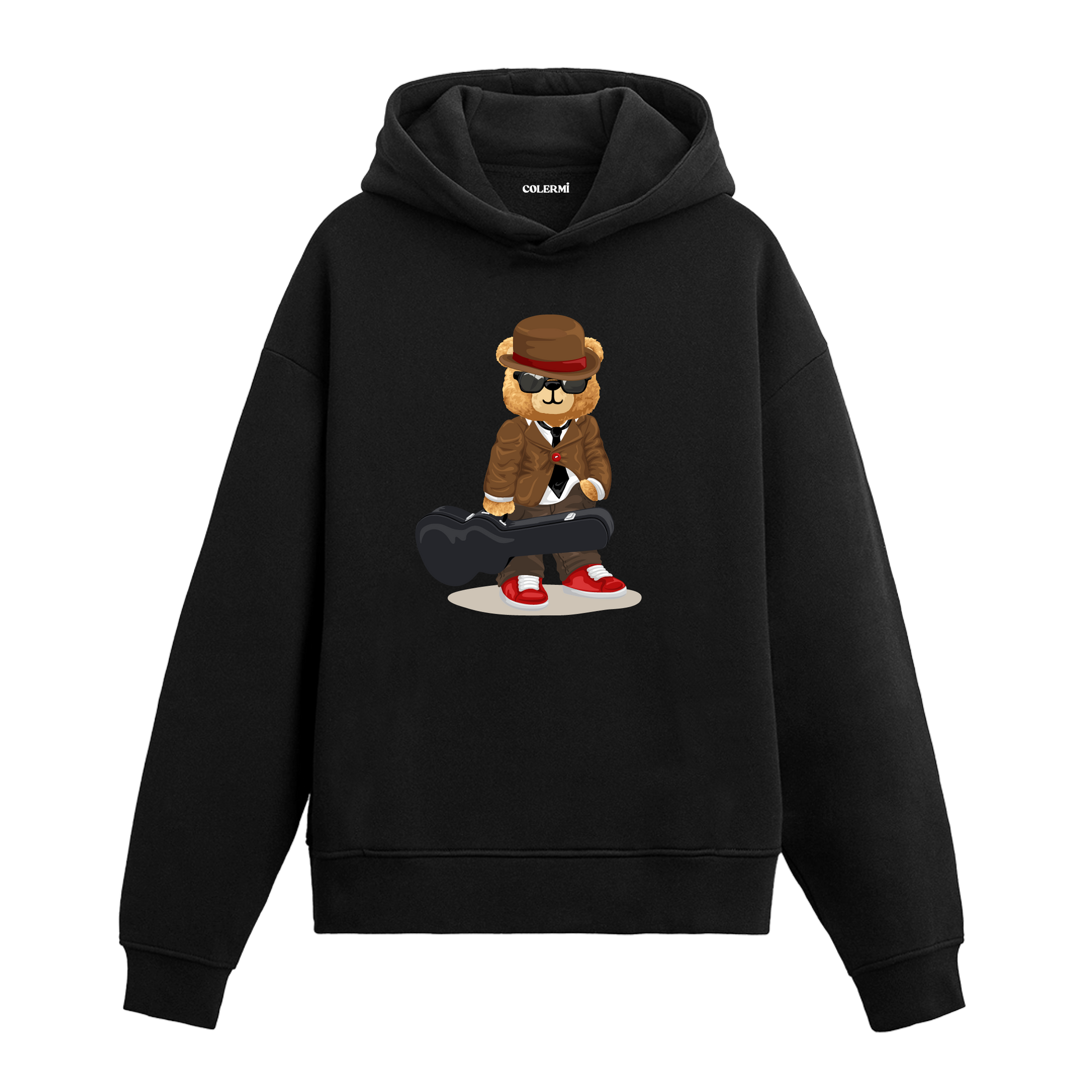 Gitar kutusu taşıyan, şapka ve güneş gözlüğü takmış müzisyen ayıcık baskılı hoodie tasarımı.