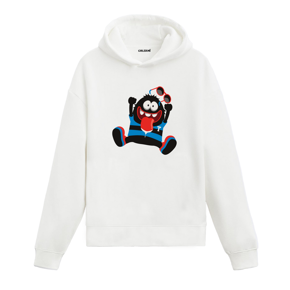 Kırmızı gözlüklü neşeli canavar baskılı hoodie – eğlenceli ve enerjik tasarım