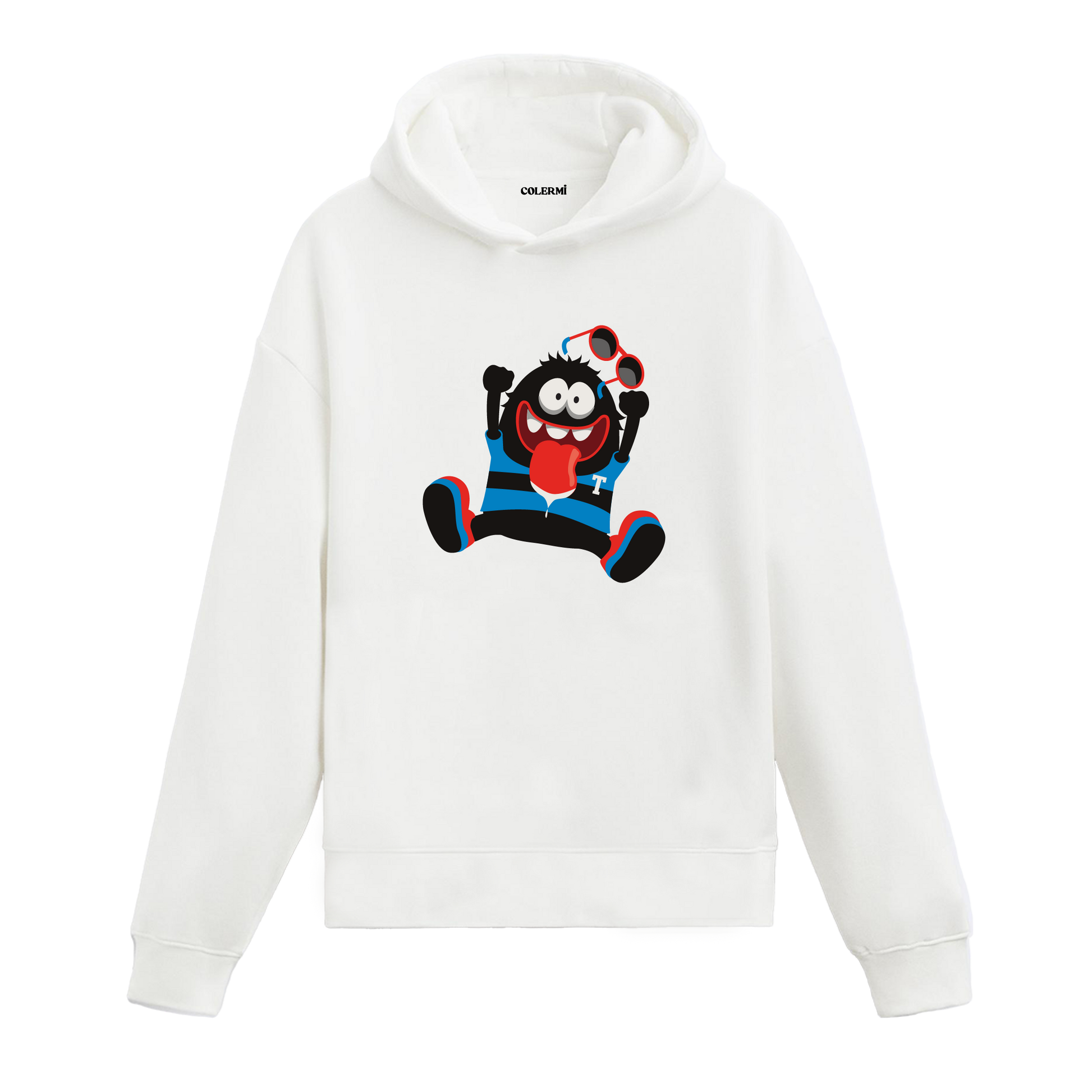 Kırmızı gözlüklü neşeli canavar baskılı hoodie – eğlenceli ve enerjik tasarım
