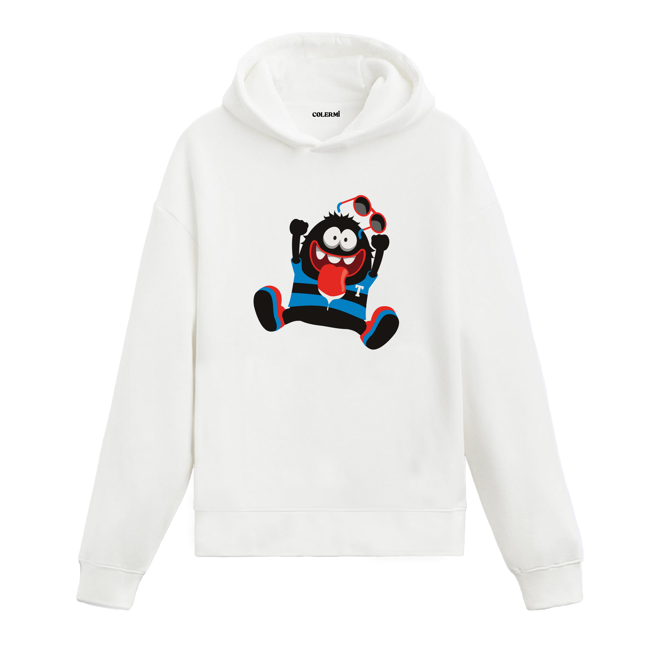 Kırmızı gözlüklü neşeli canavar baskılı hoodie – eğlenceli ve enerjik tasarım