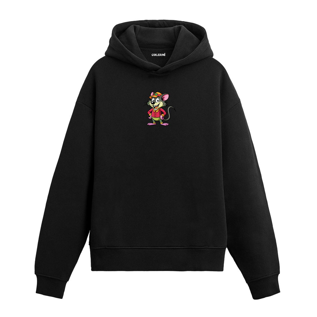 Neşeli fare baskılı hoodie – renkli ve enerjik karakter tasarımı