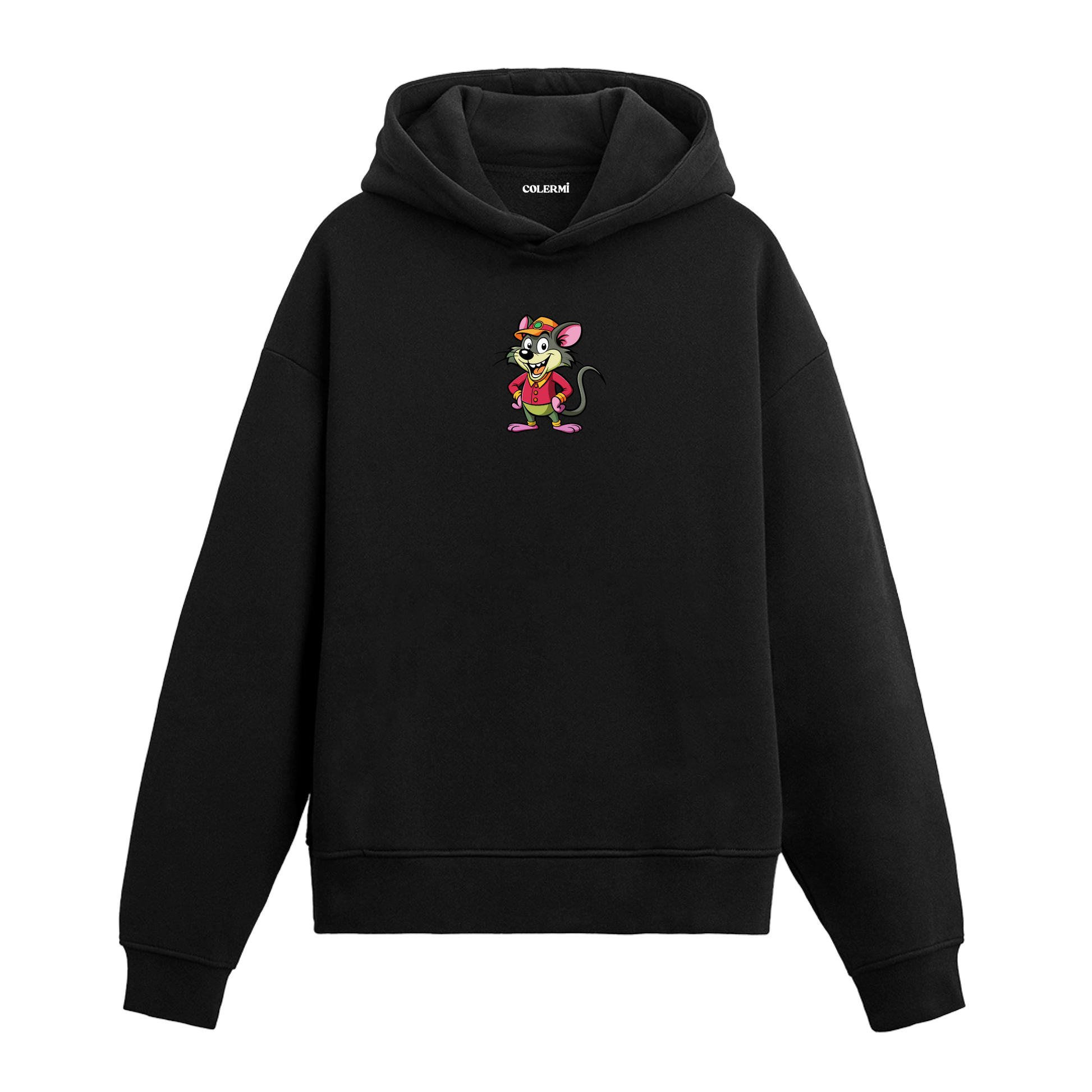 Neşeli fare baskılı hoodie – renkli ve enerjik karakter tasarımı