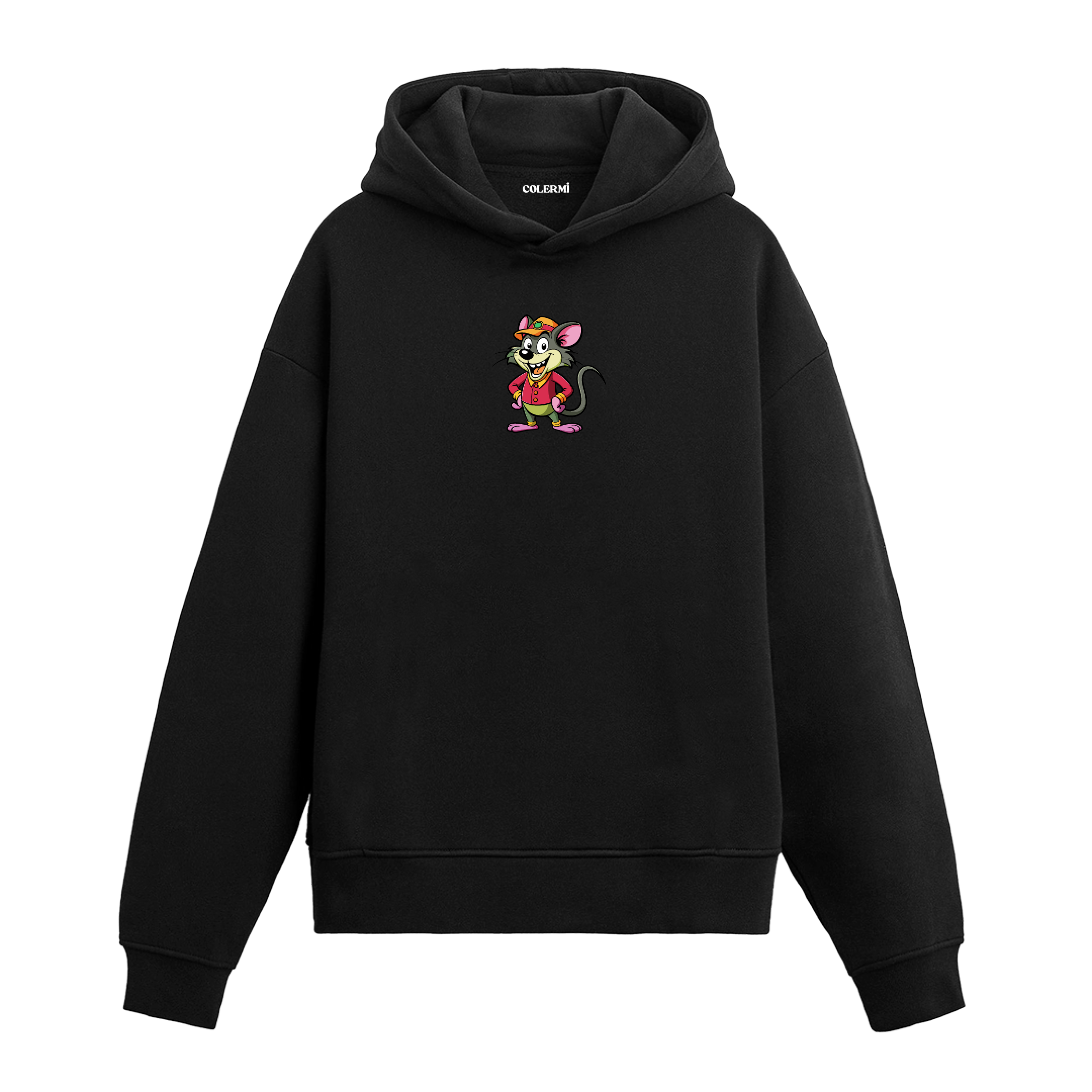Neşeli fare baskılı hoodie – renkli ve enerjik karakter tasarımı