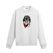 Pilot gözlüğü ve fular takmış, dilini çıkarmış köpek illüstrasyonlu sweatshirt tasarımı.