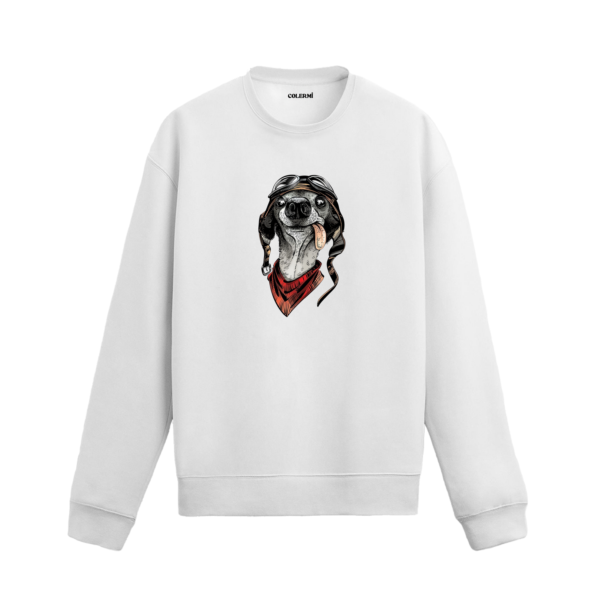 Pilot gözlüğü ve fular takmış, dilini çıkarmış köpek illüstrasyonlu sweatshirt tasarımı.