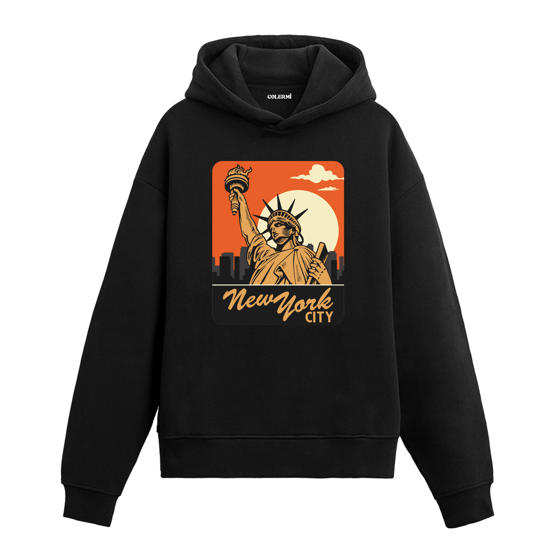 New York City baskılı siyah hoodie – özgürlük heykeli ve şehir manzaralı tasarım