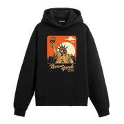 New York City baskılı siyah hoodie – özgürlük heykeli ve şehir manzaralı tasarım