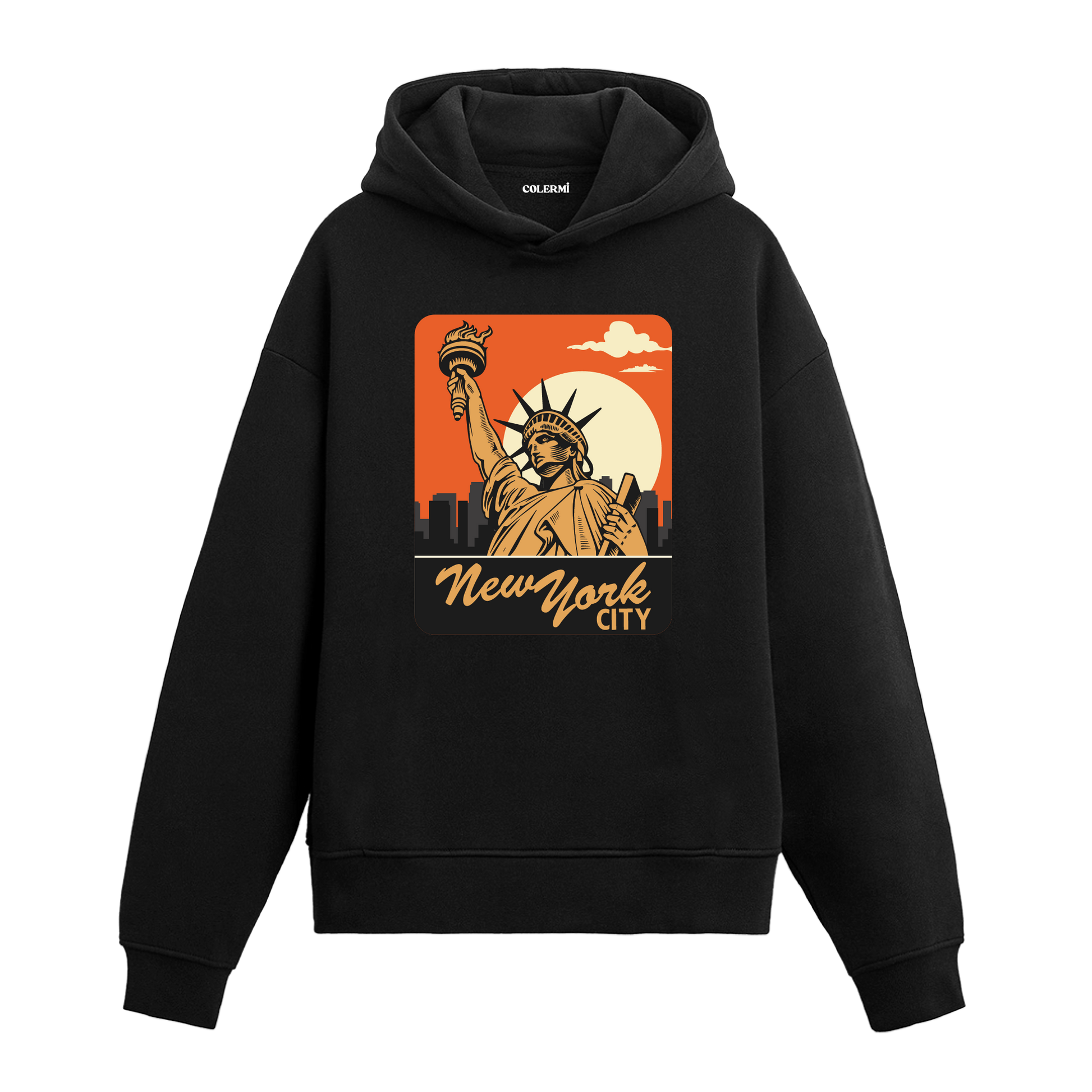 New York City baskılı siyah hoodie – özgürlük heykeli ve şehir manzaralı tasarım