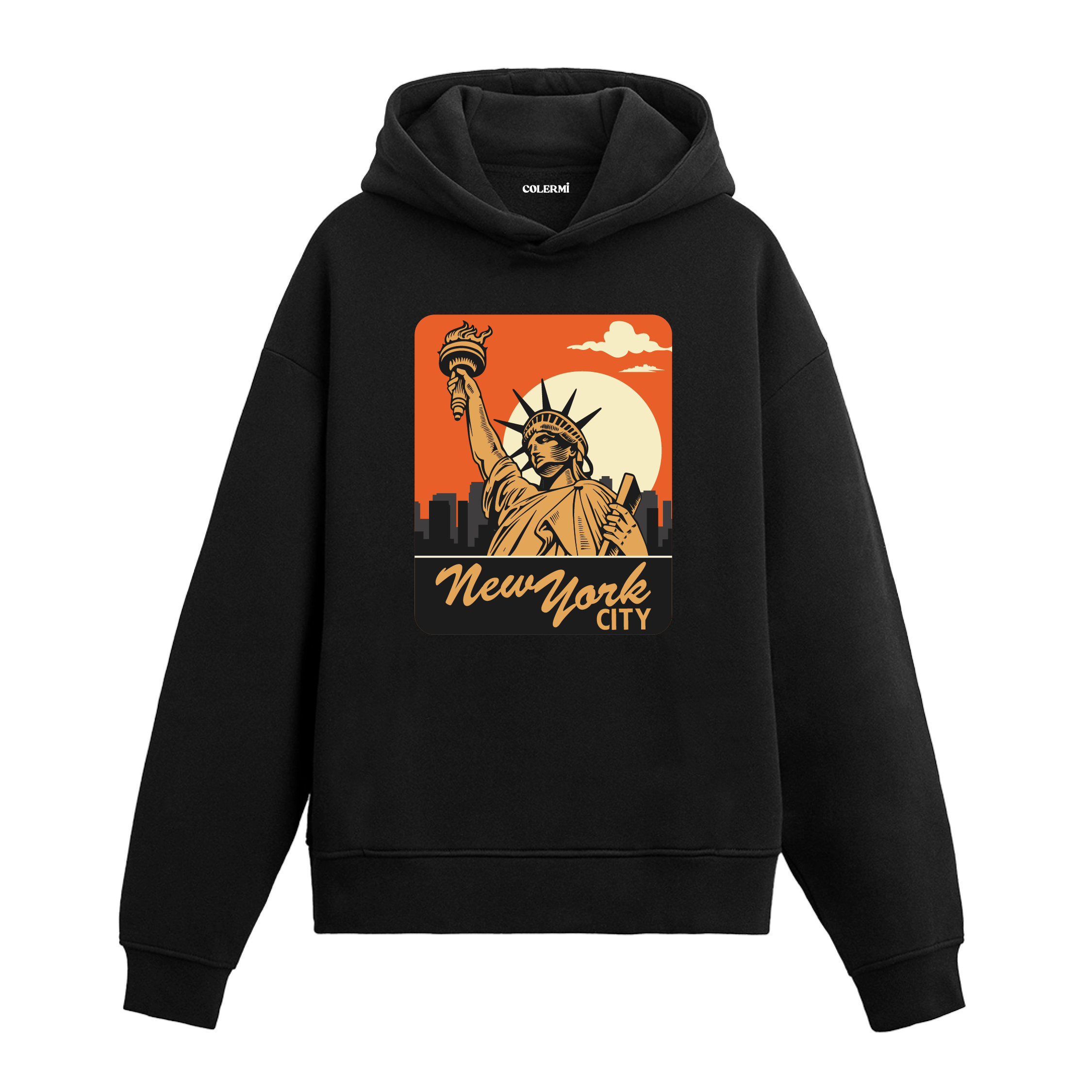 New York City baskılı siyah hoodie – özgürlük heykeli ve şehir manzaralı tasarım