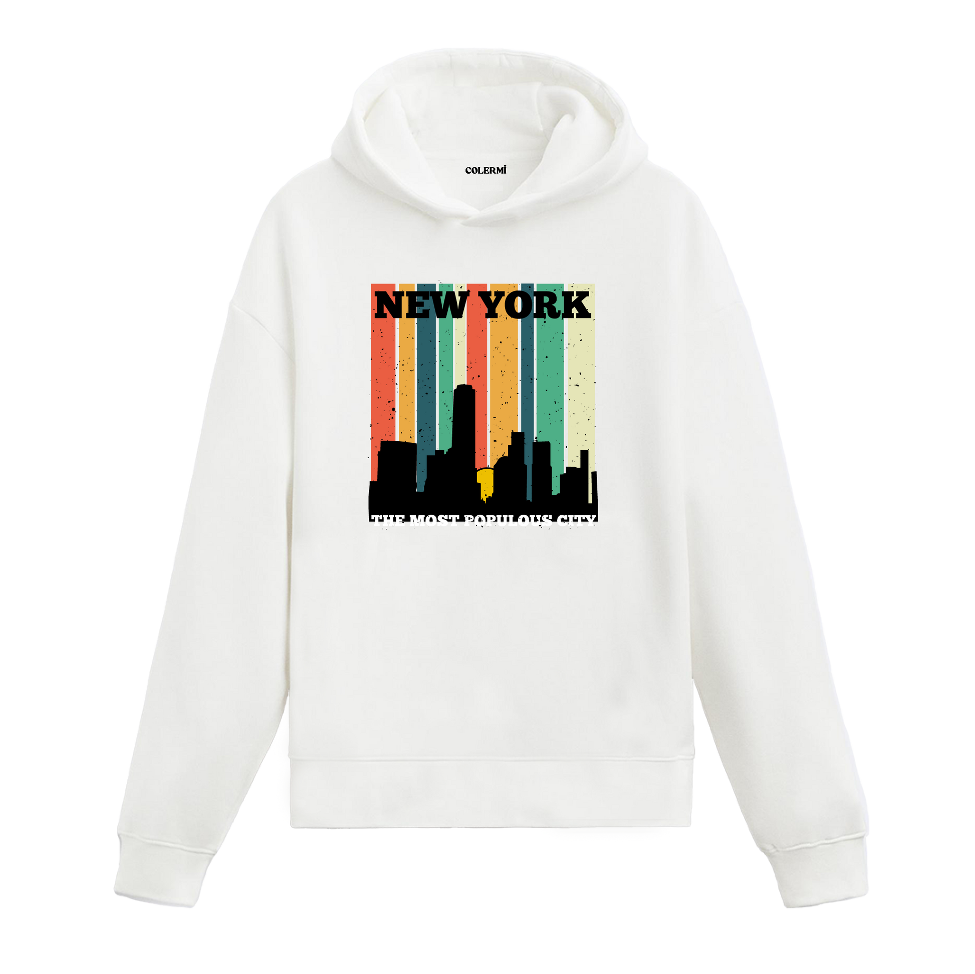 Beyaz New York baskılı hoodie, şehir figürlü tasarım, pamuklu unisex hoodie