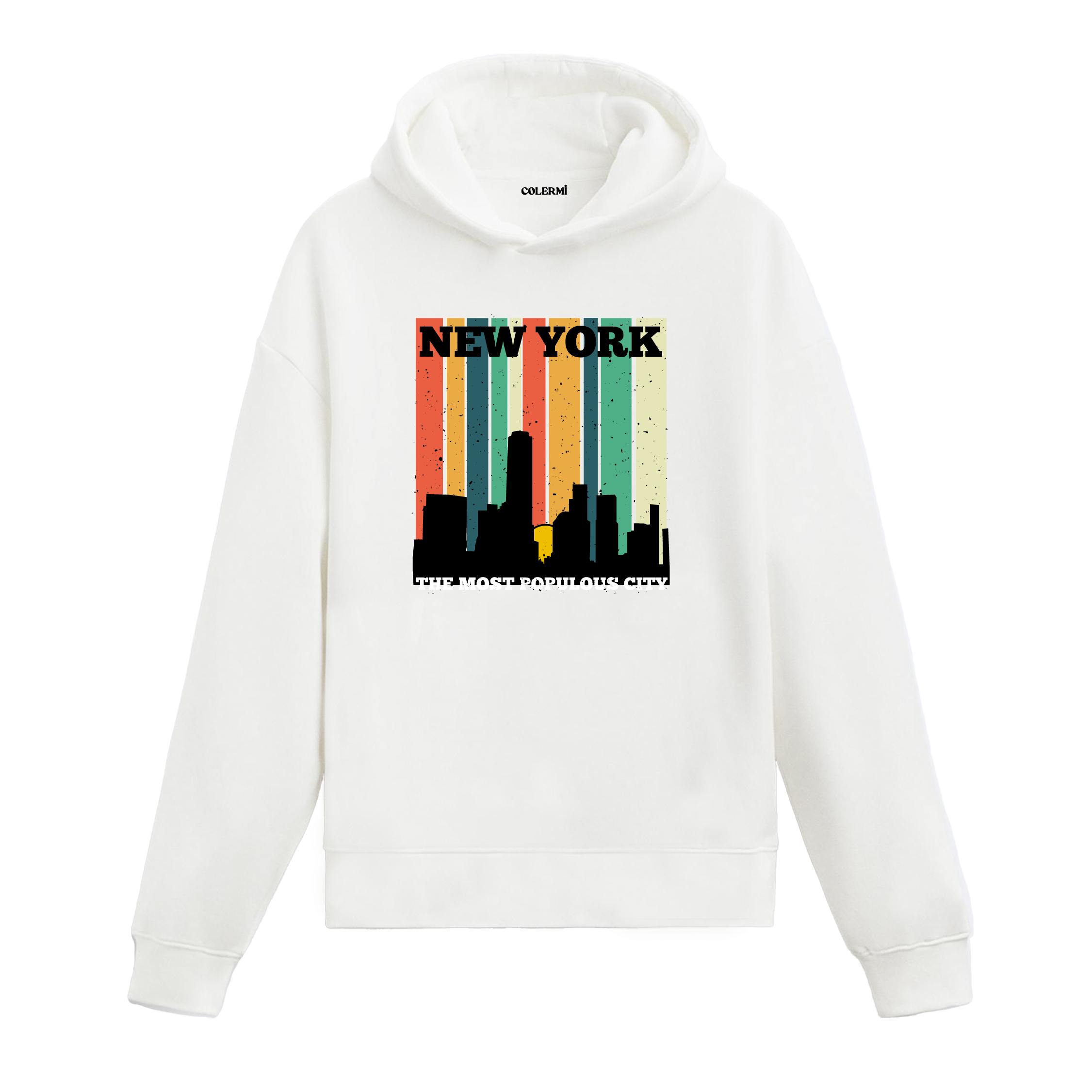 Beyaz New York baskılı hoodie, şehir figürlü tasarım, pamuklu unisex hoodie
