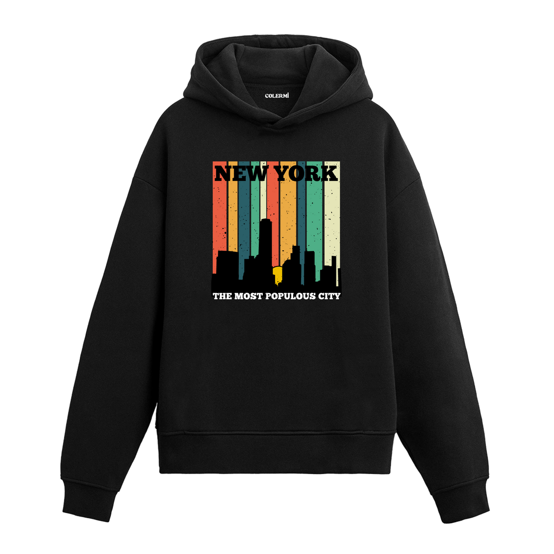 Siyah New York baskılı hoodie, şehir silüeti tasarım, %100 pamuk unisex hoodie