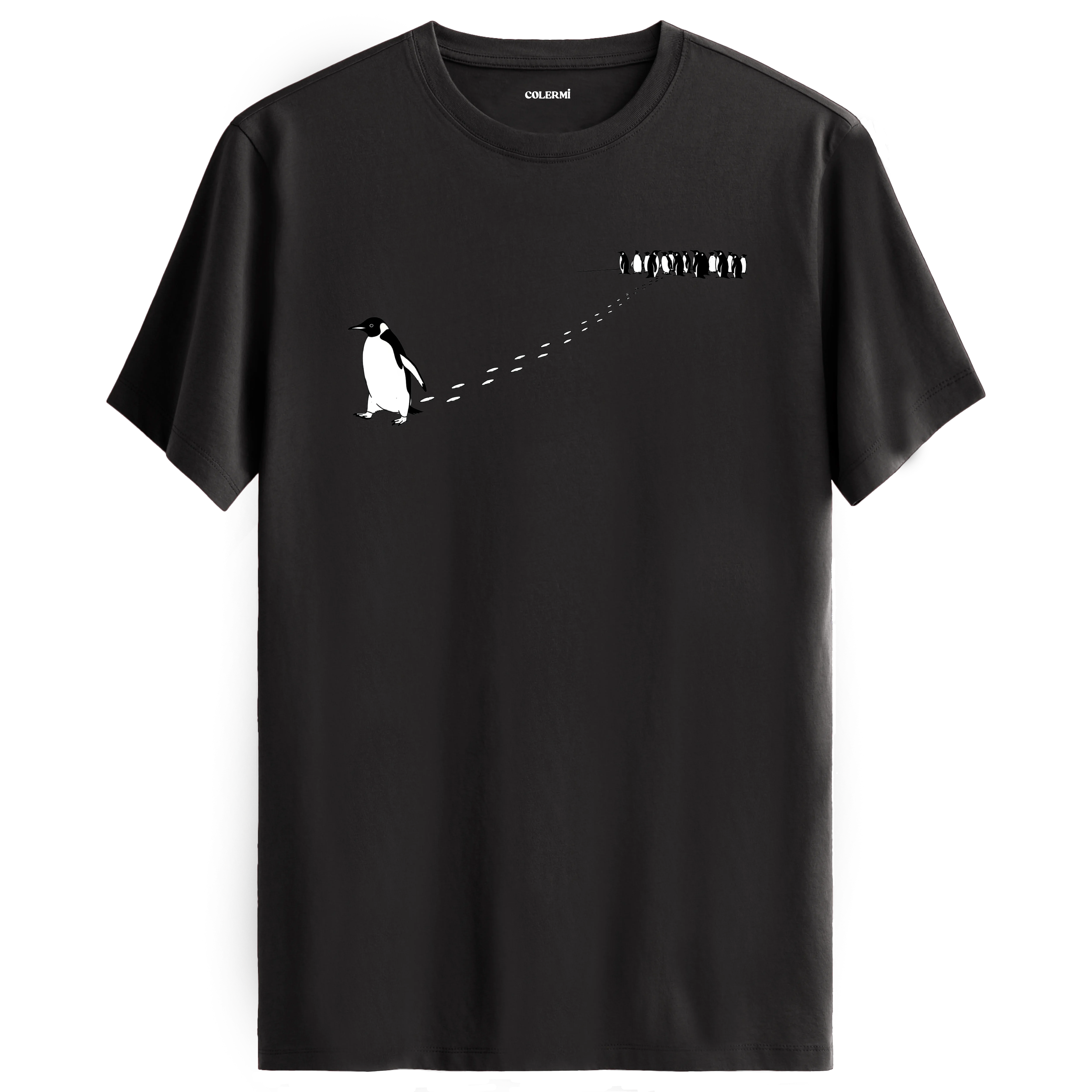Sürüden ayrılarak farklı yöne yürüyen nihilist penguen baskılı tişört tasarımı