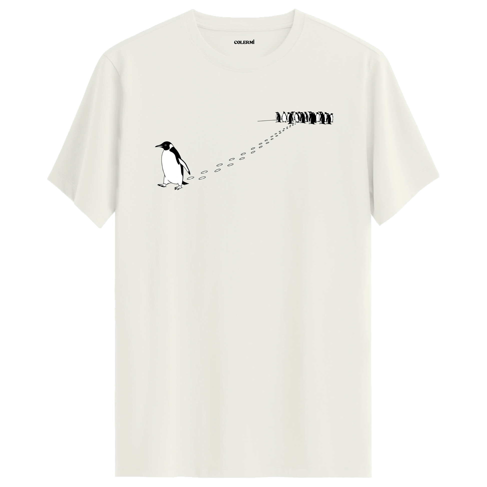 Sürüden ayrılarak farklı yöne yürüyen nihilist penguen baskılı tişört tasarımı