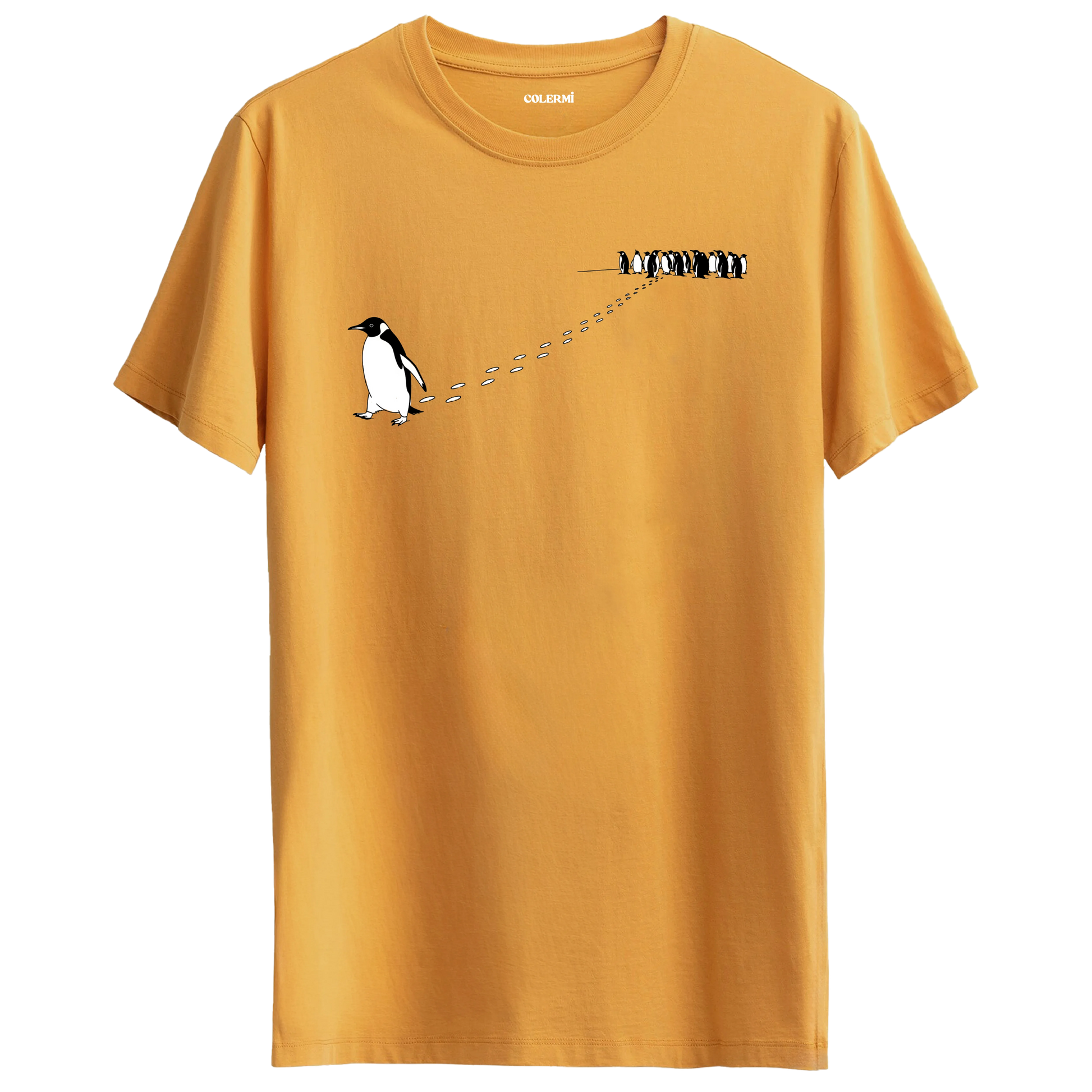 Sürüden ayrılarak farklı yöne yürüyen nihilist penguen baskılı tişört tasarımı