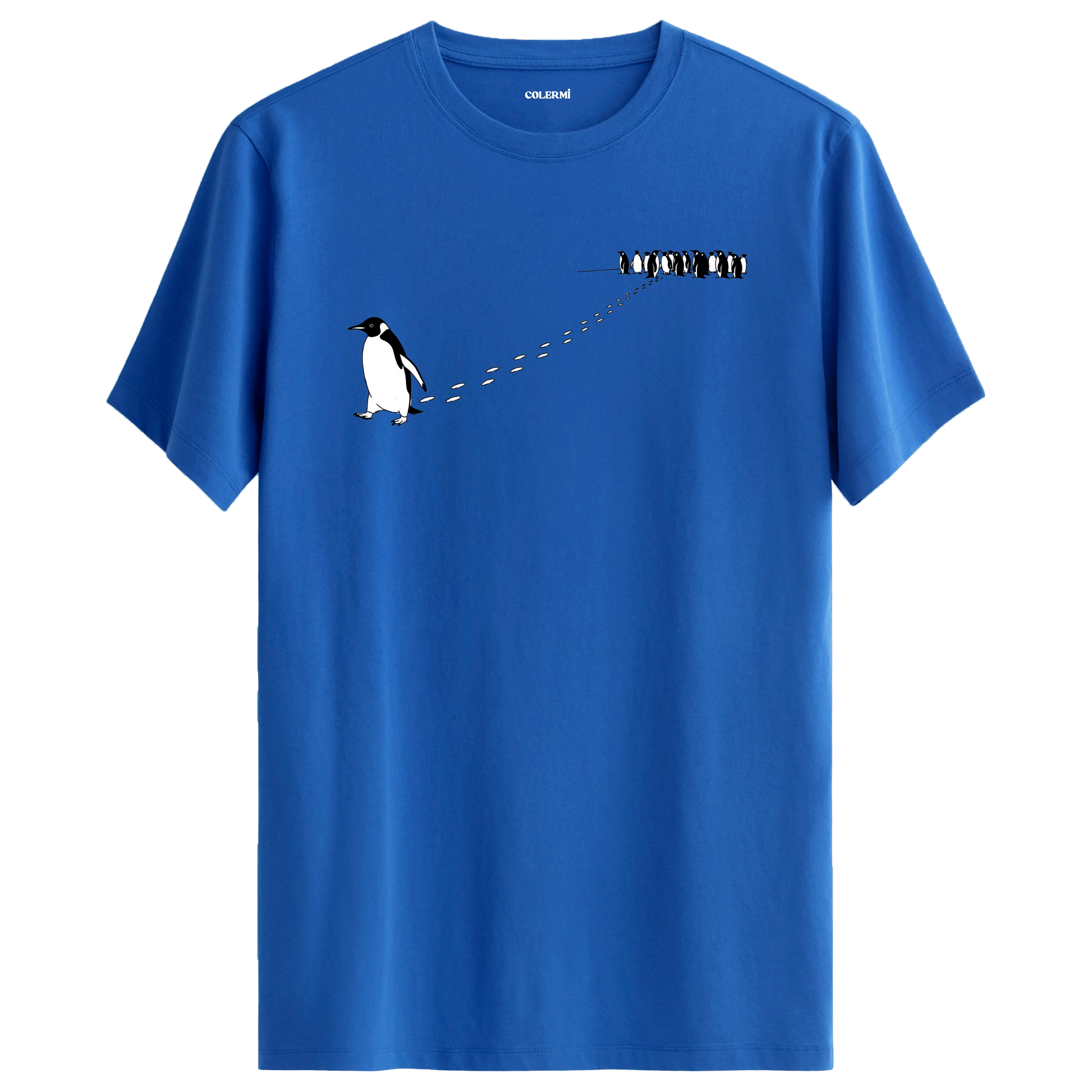 Sürüden ayrılarak farklı yöne yürüyen nihilist penguen baskılı tişört tasarımı