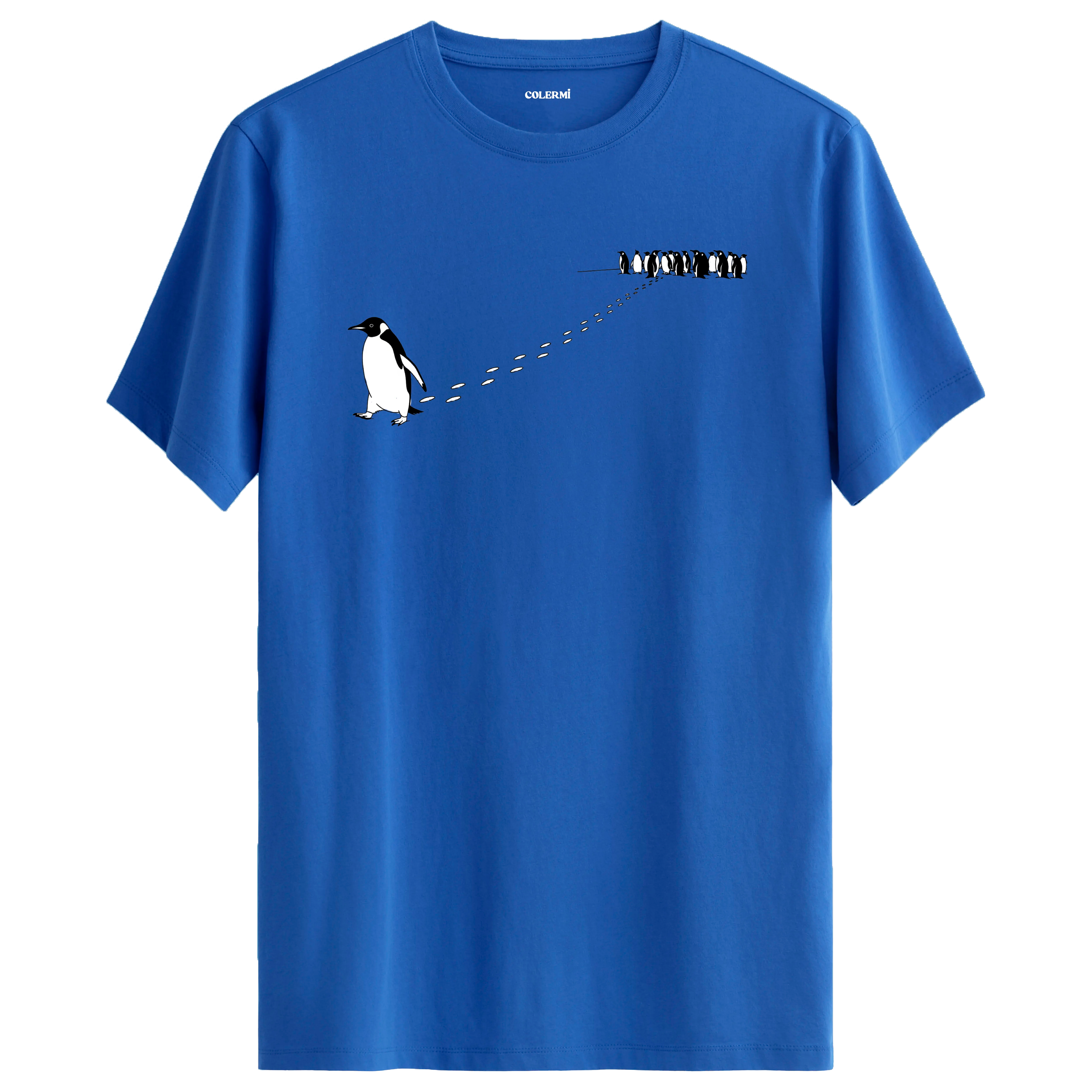 Sürüden ayrılarak farklı yöne yürüyen nihilist penguen baskılı tişört tasarımı