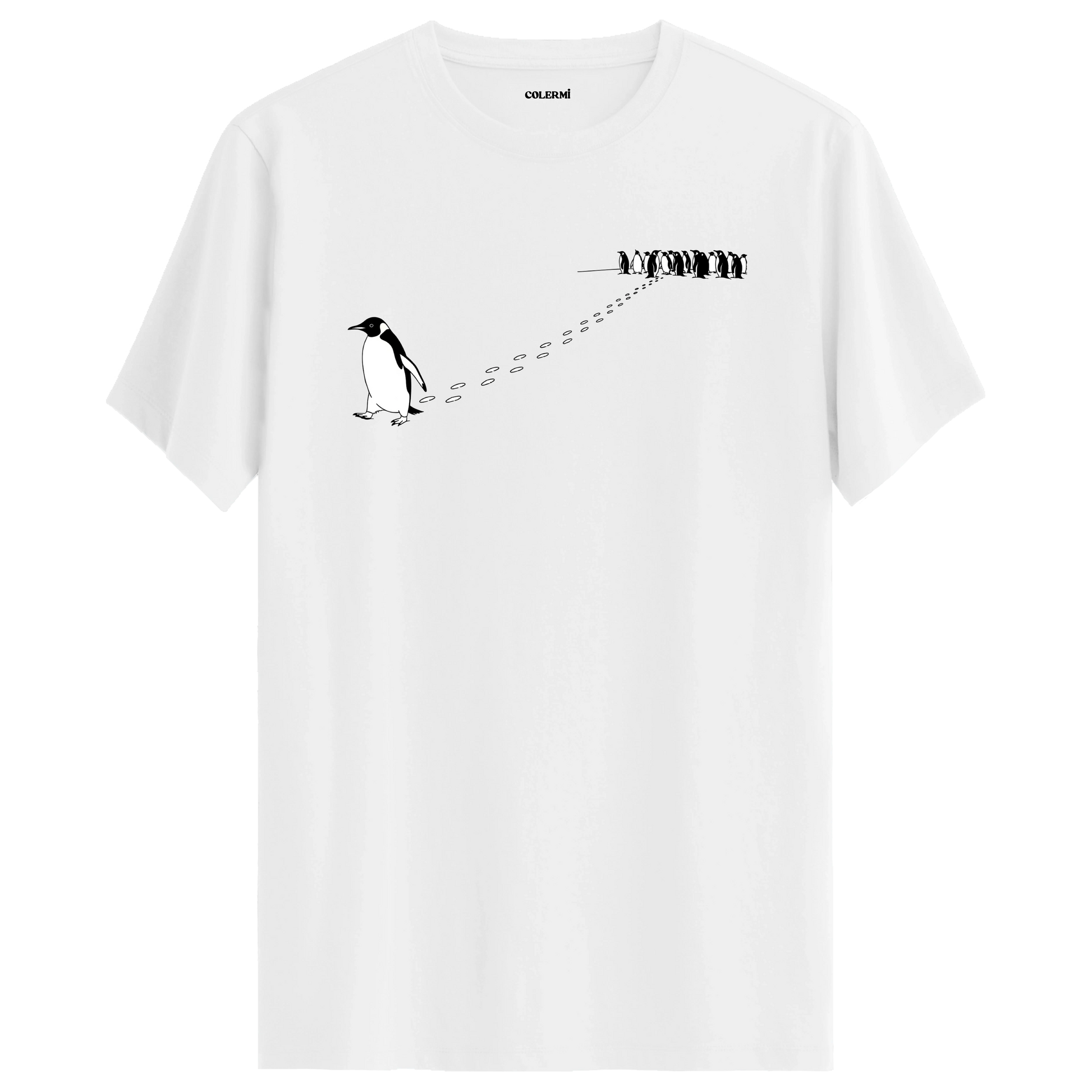 Sürüden ayrılarak farklı yöne yürüyen nihilist penguen baskılı tişört tasarımı
