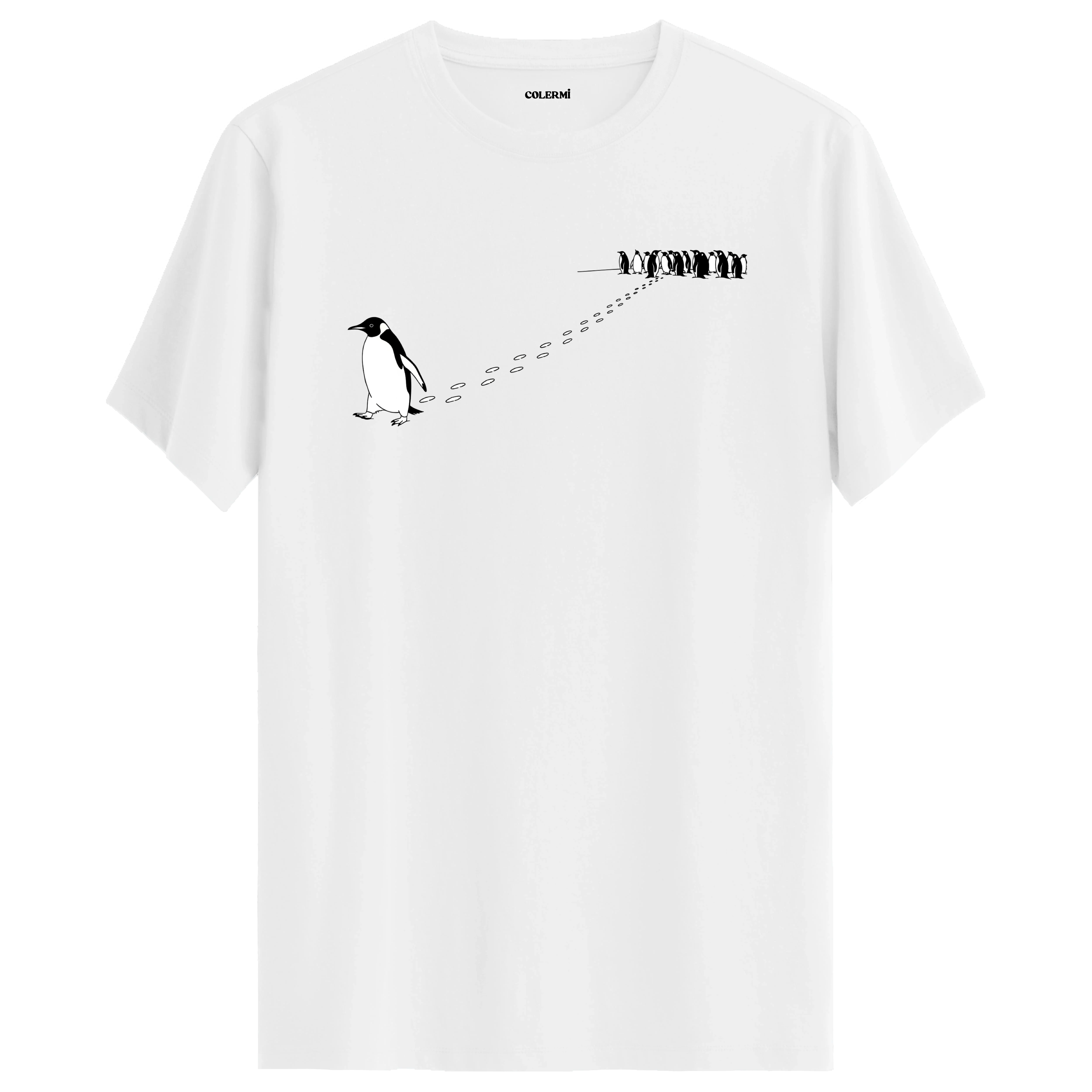 Sürüden ayrılarak farklı yöne yürüyen nihilist penguen baskılı tişört tasarımı